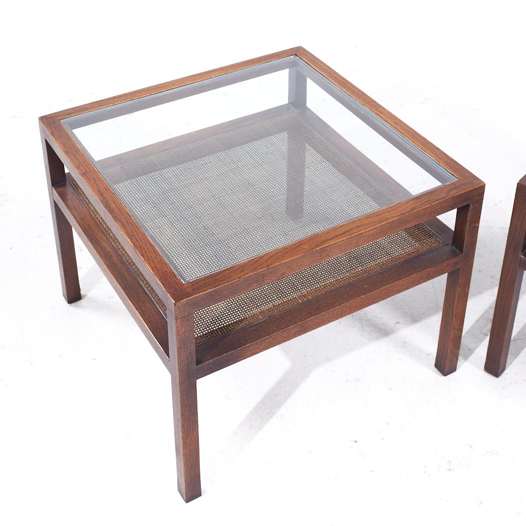 Founders Style Mid Century Oak Cane and Glass End Tables - Pair For Sale 4
