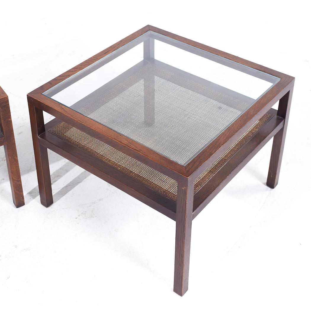 Founders Style Mid Century Oak Cane and Glass End Tables - Pair For Sale 5