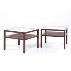 Founders Style Mid Century Oak Cane and Glass End Tables - Pair