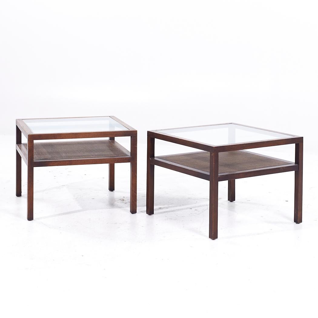 Mid-Century Modern Founders Style Mid Century Oak Cane and Glass End Tables - Pair For Sale