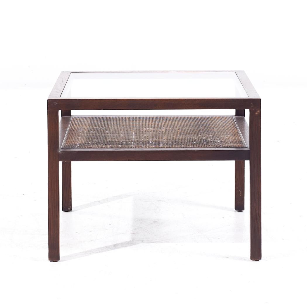 Founders Style Mid Century Oak Cane and Glass End Tables - Pair In Good Condition For Sale In Countryside, IL