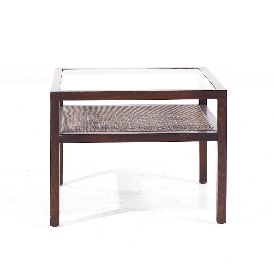 Founders Style Mid Century Oak Cane and Glass End Tables - Pair For Sale 1