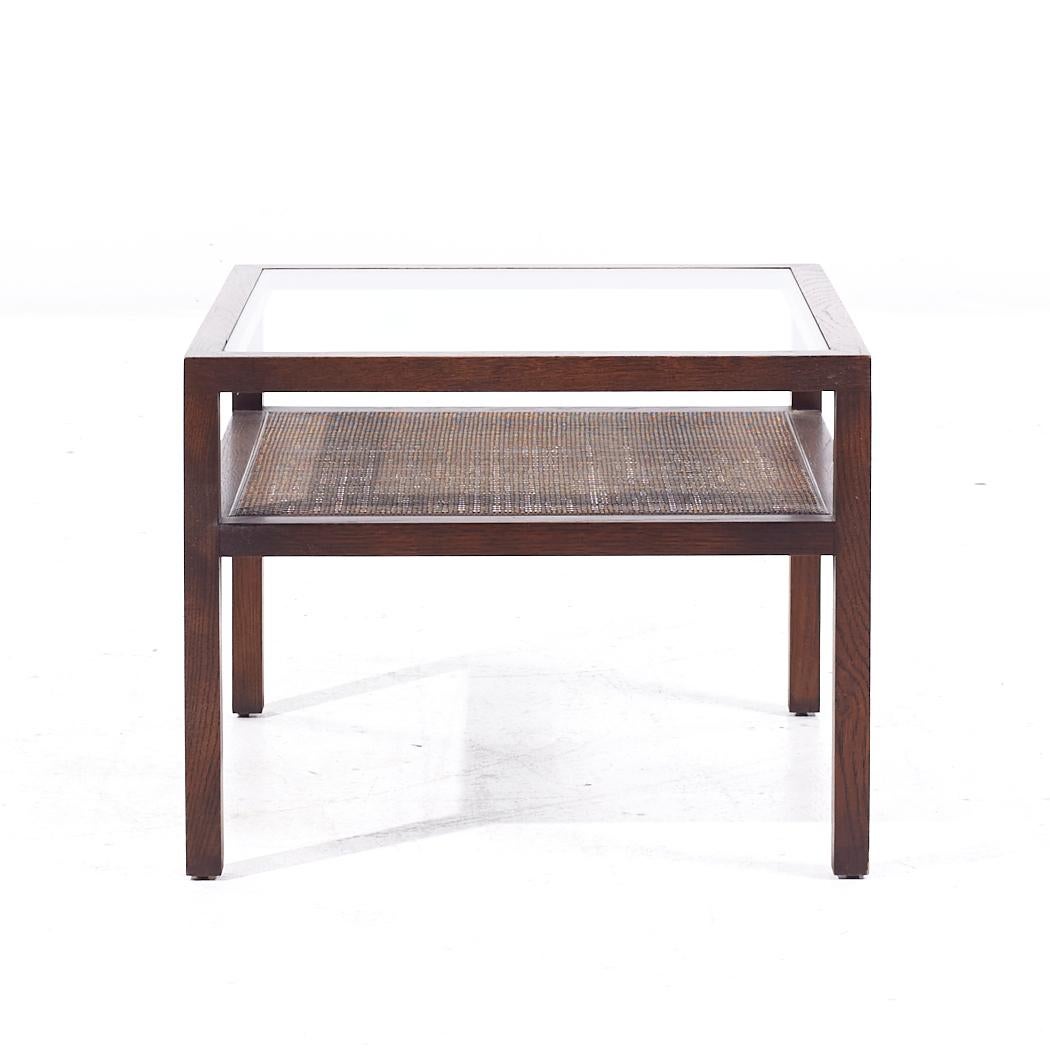 Founders Style Mid Century Oak Cane and Glass End Tables - Pair For Sale 2