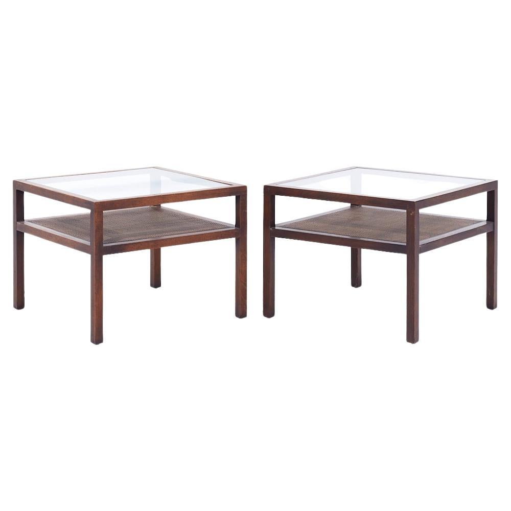 Founders Style Mid Century Oak Cane and Glass End Tables - Pair