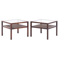Used Founders Style Mid Century Oak Cane and Glass End Tables - Pair