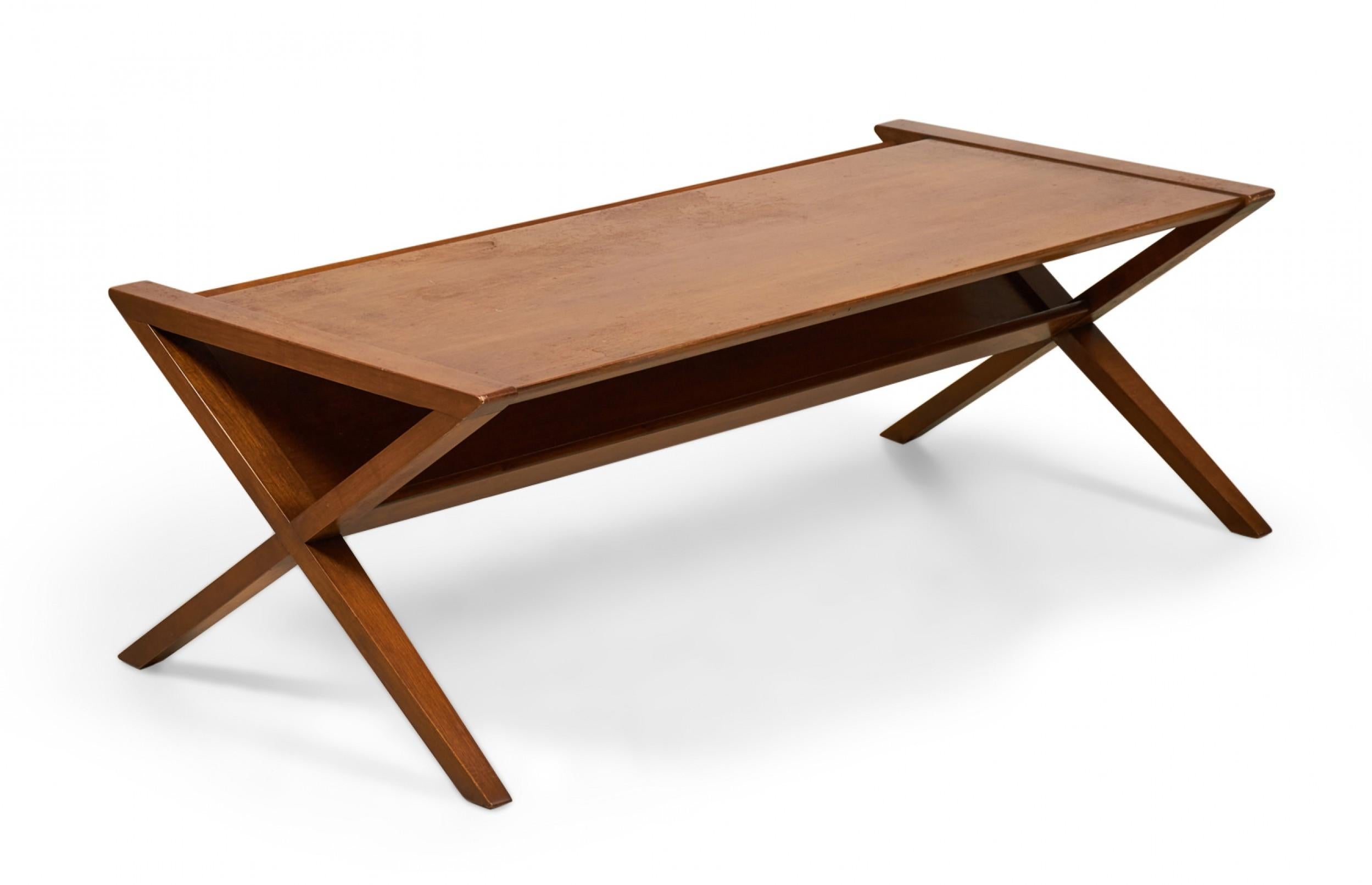 Mid-Century Modern Founders X-Frame Wooden Coffee / Cocktail Table with Magazine Shelf For Sale