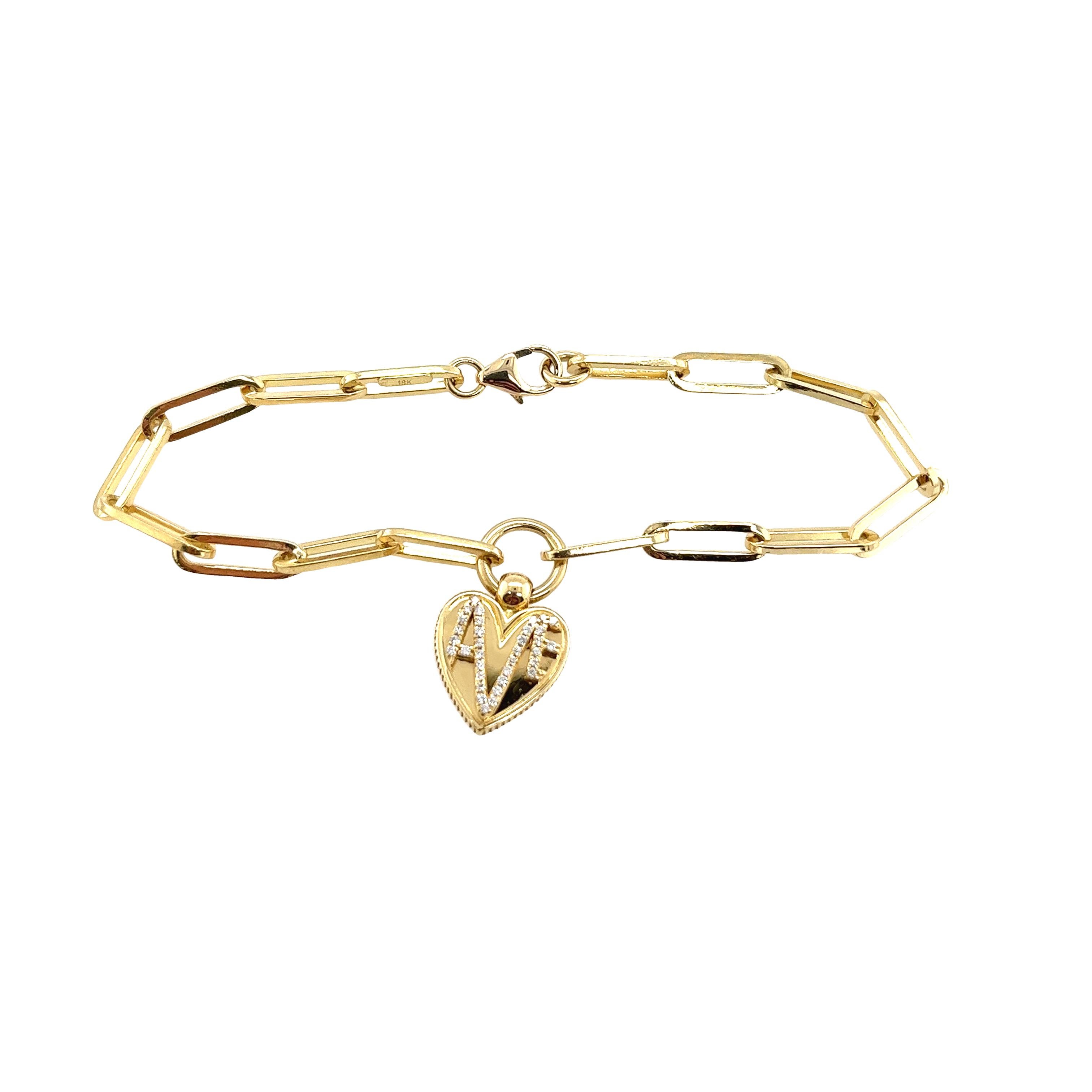 Foundrae 18 Karat Gelbgold Diamant-Kettenarmband mit herzförmigem Charme (Rundschliff)