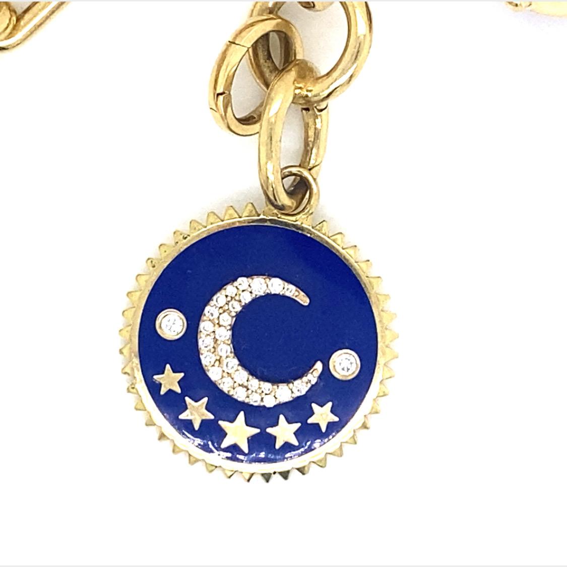 Foundrae Crescent Blue Animal Diamond Charm in 18K Yellow Gold.  Round Brilliant Cut Diamonds weighing 0.29 carat total weight, G-H in color and VS-SI in clarity are expertly set.  The Charm measures 3/4 inch in diameter.  3.11 grams.  Charm only.