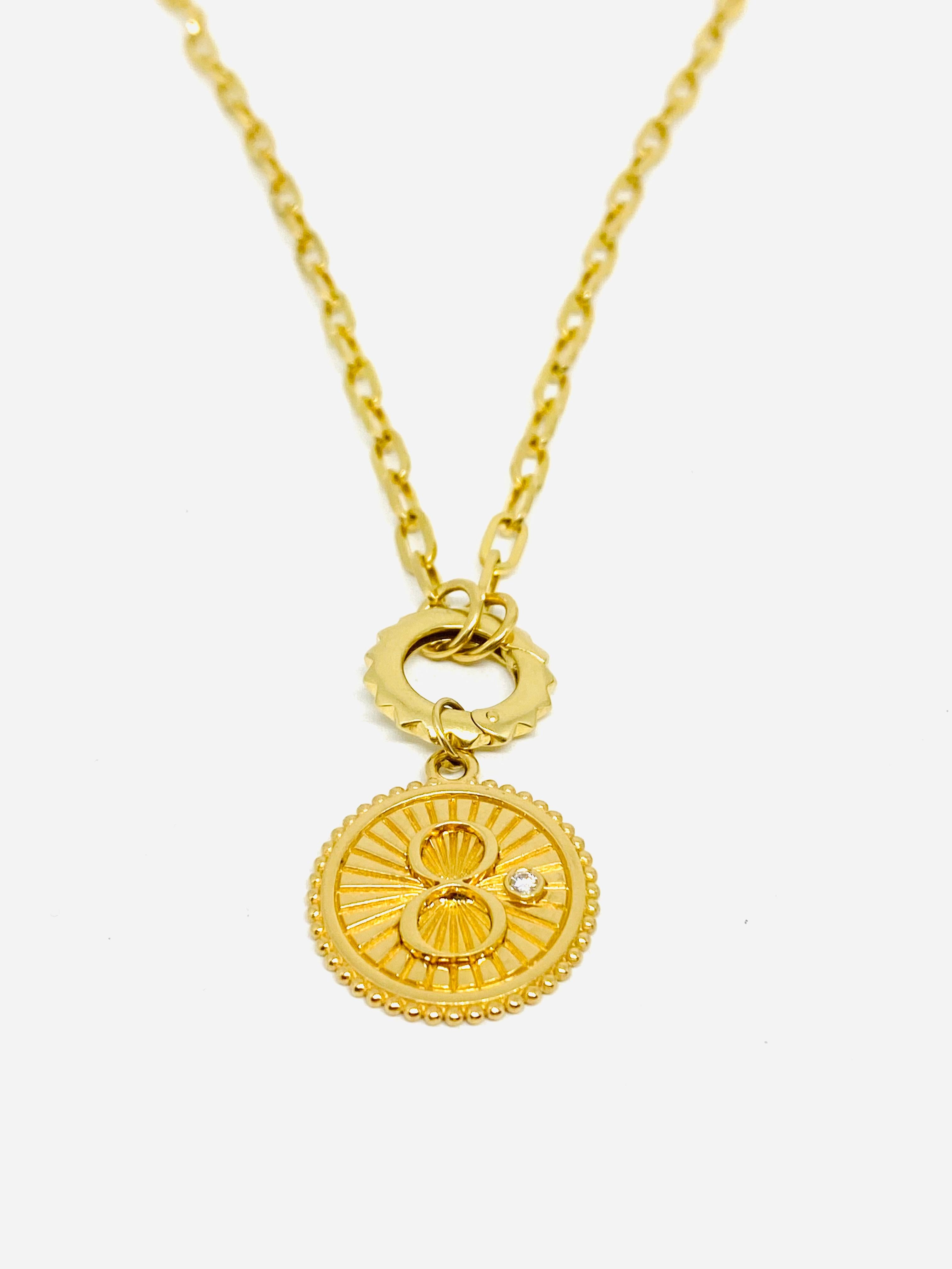Round Cut Foundrae Yellow Gold and Diamond Karma Medallion Fob Clip Chain 