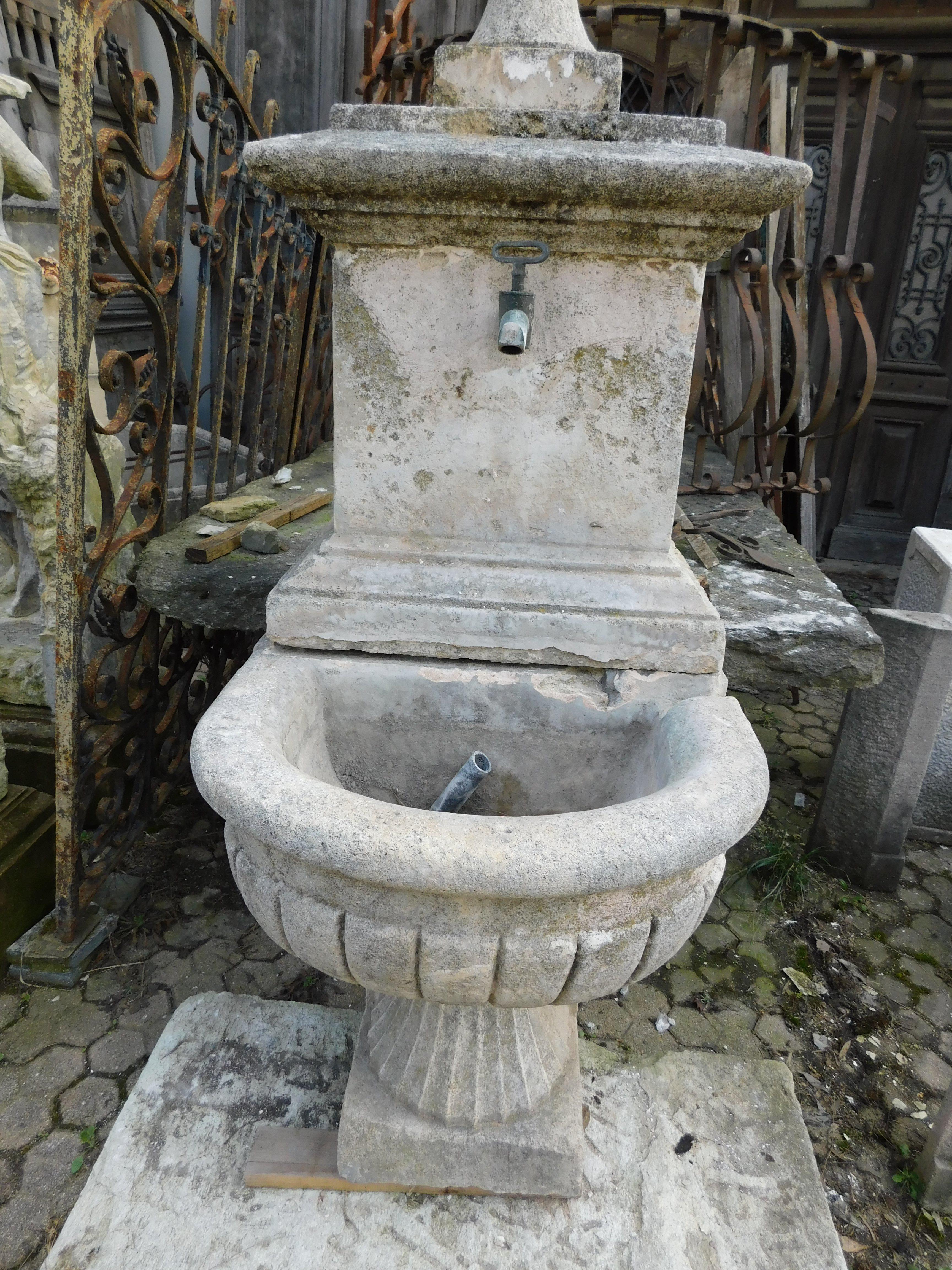 Hand-Carved Fountain in gray stone, with spout and applied to the wall, Italy For Sale