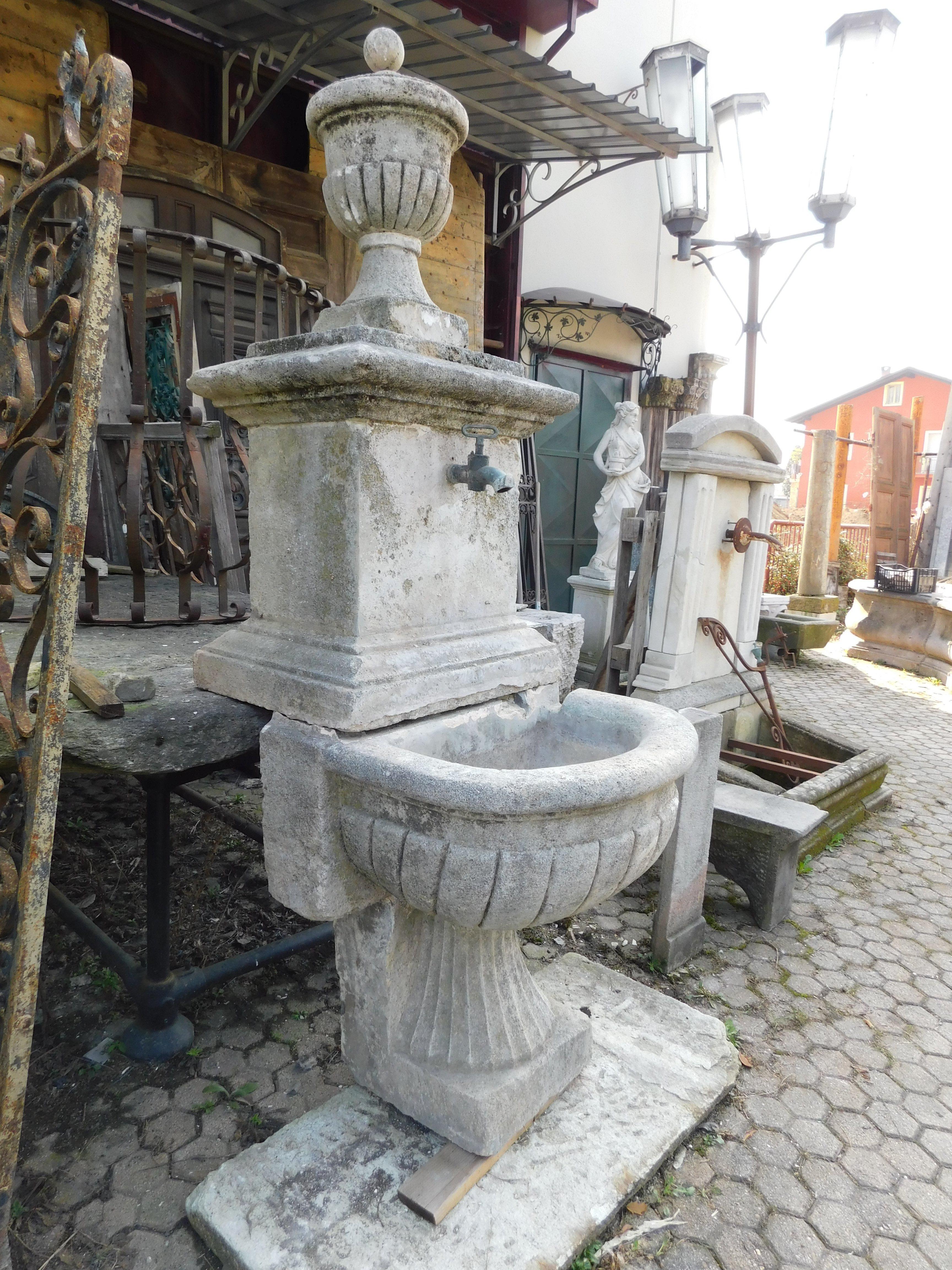 Stone Fountain in gray stone, with spout and applied to the wall, Italy For Sale