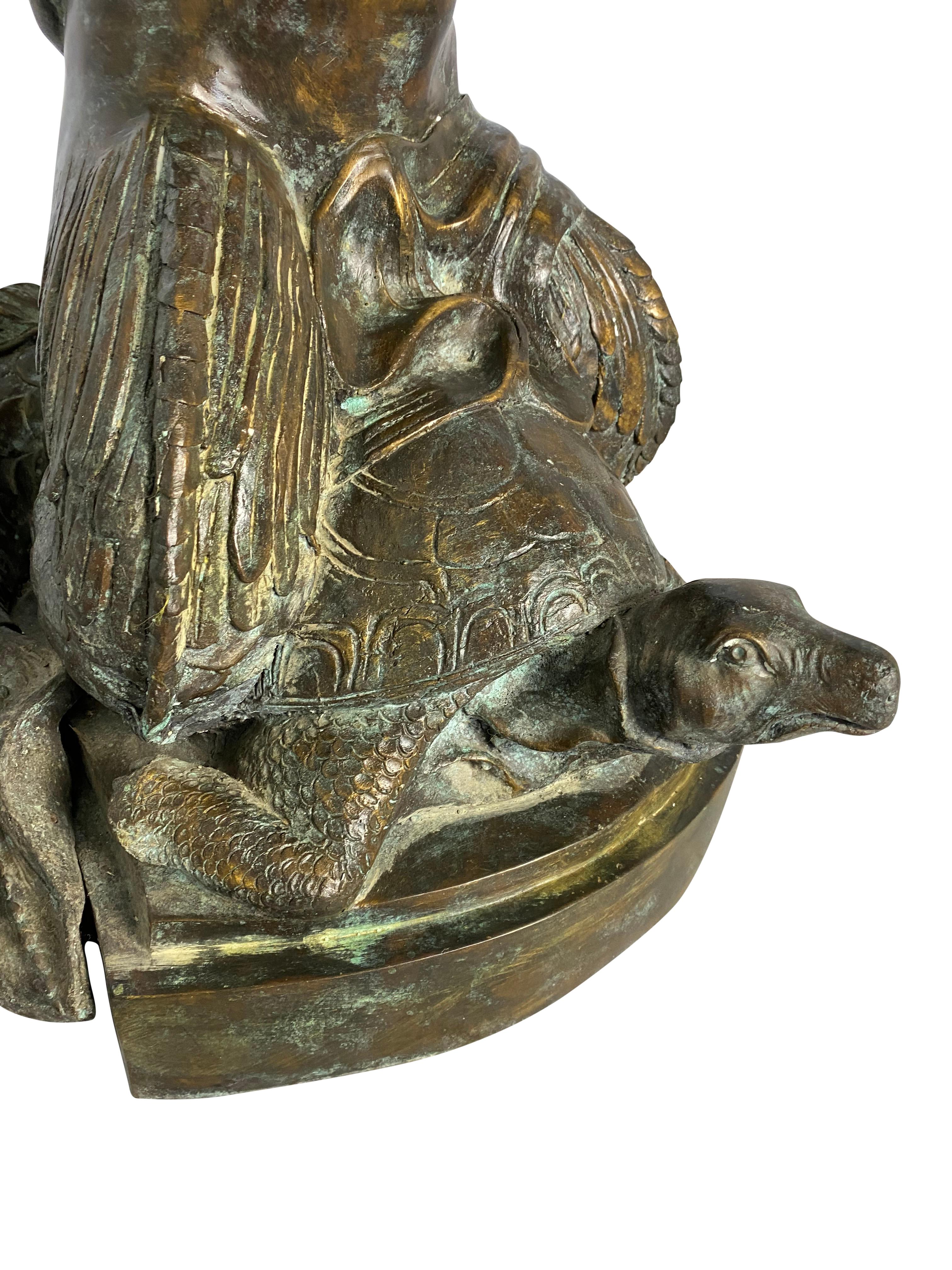 Cast Fountain of Bronze Mermaid Seated on Tortoise, 20th Century For Sale