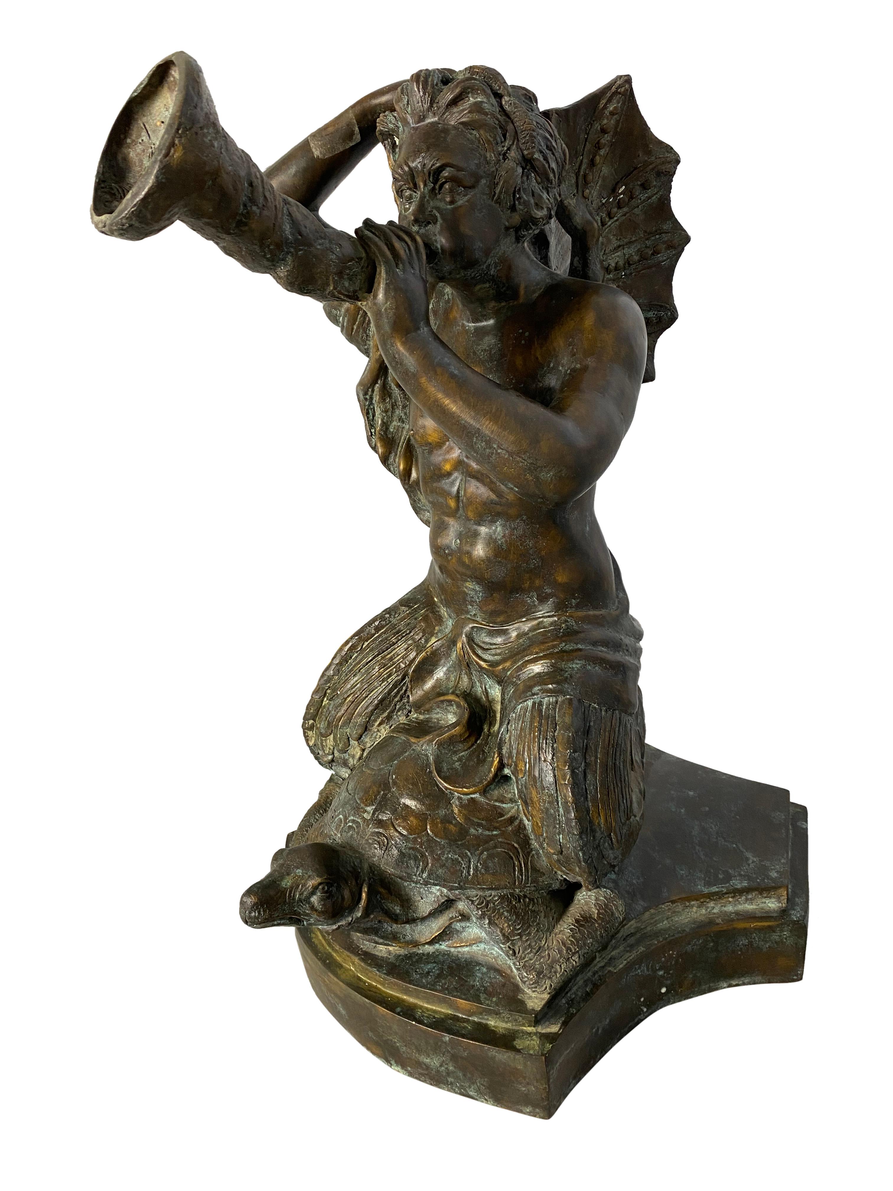Fountain of Bronze Mermaid Seated on Tortoise, 20th Century For Sale 1