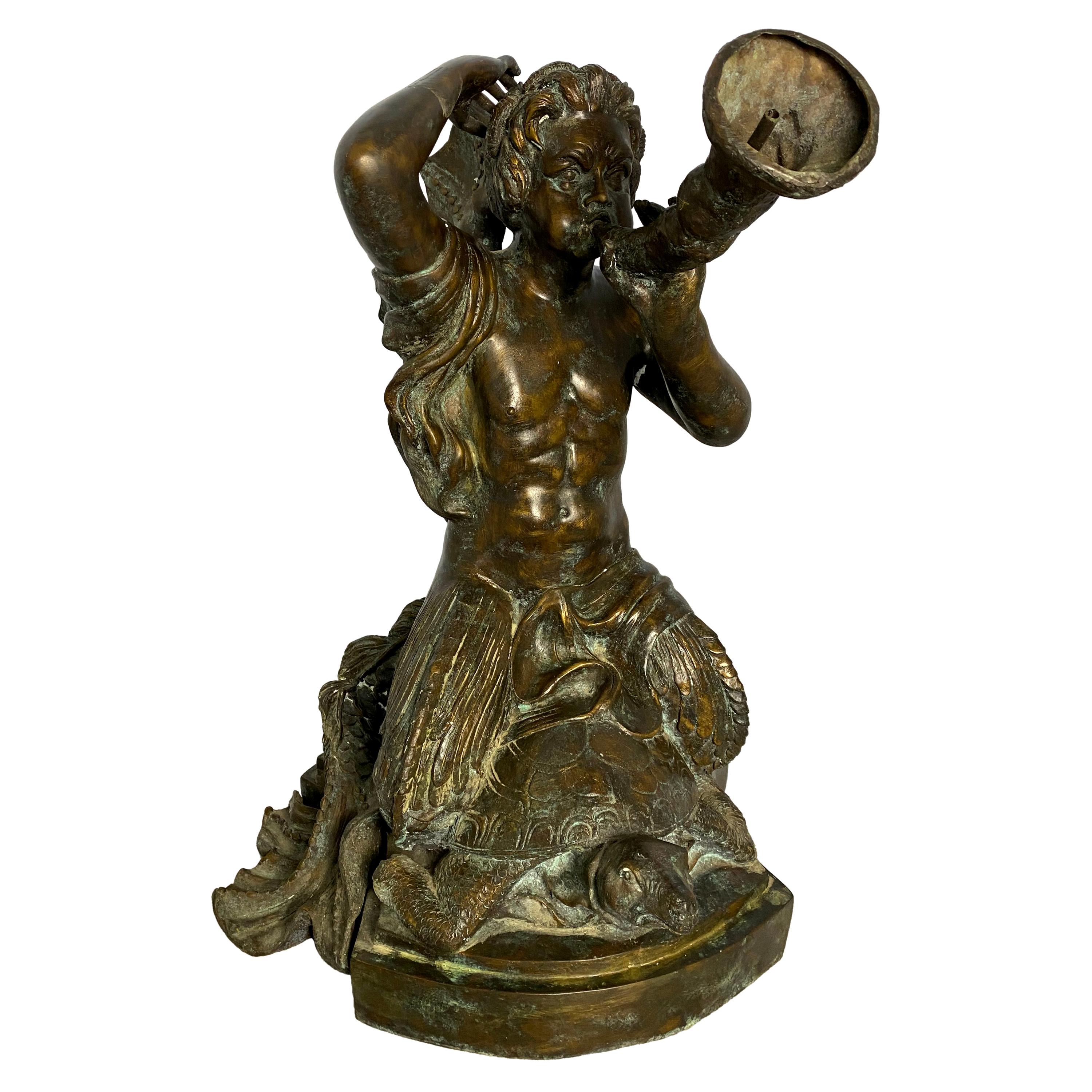 Fountain of Bronze Mermaid Seated on Tortoise, 20th Century For Sale
