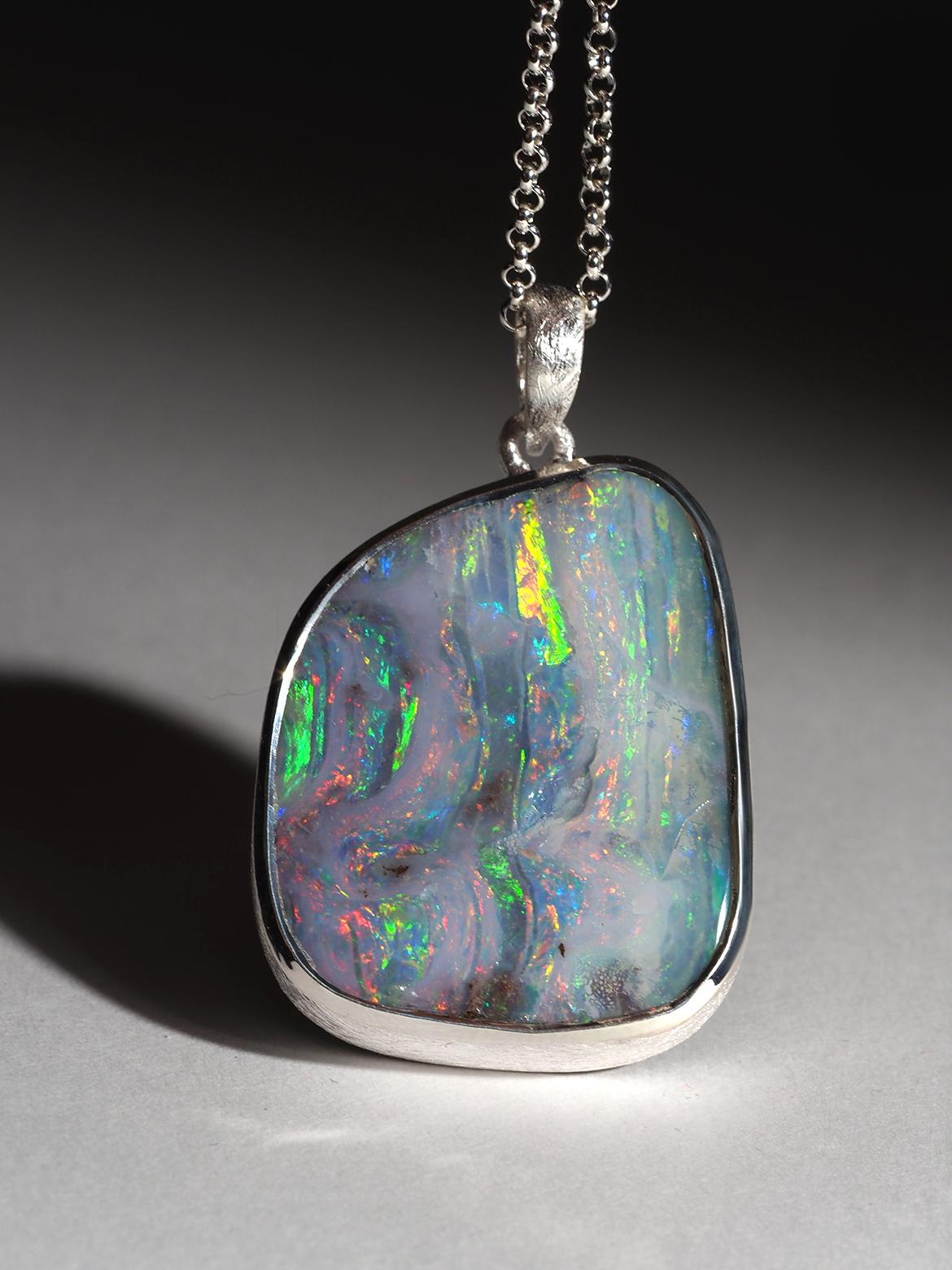 Artisan Fountain of life Large Boulder Opal Silver necklace fine quality australian gem For Sale