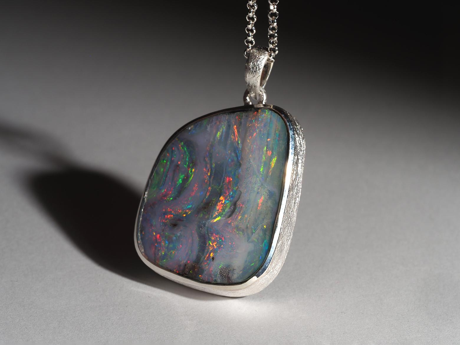 Square Cut Fountain of life Large Boulder Opal Silver necklace fine quality australian gem For Sale