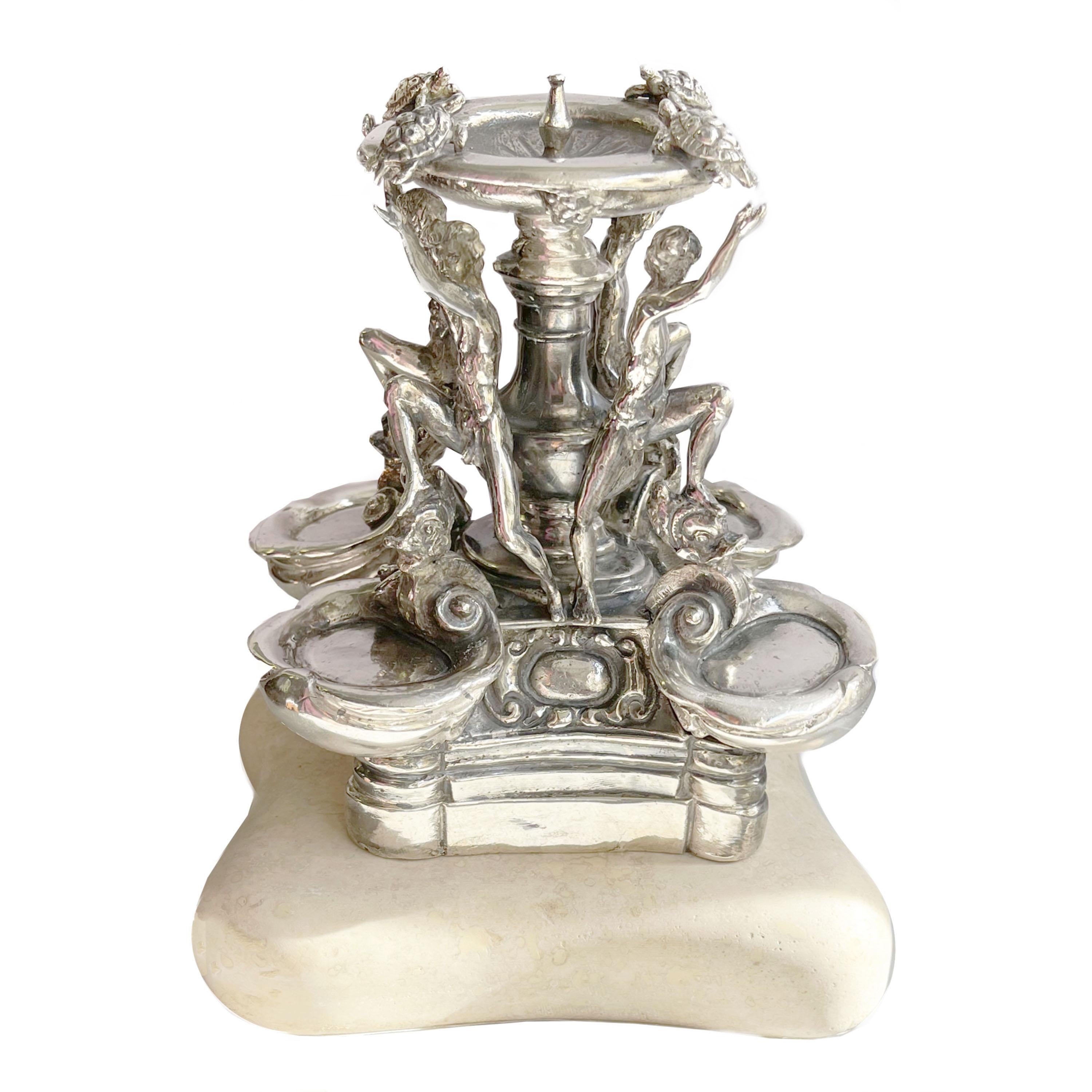 Fountain of the Turtles in Sterling Silver and Travertine Base 'Rome, 1581' For Sale