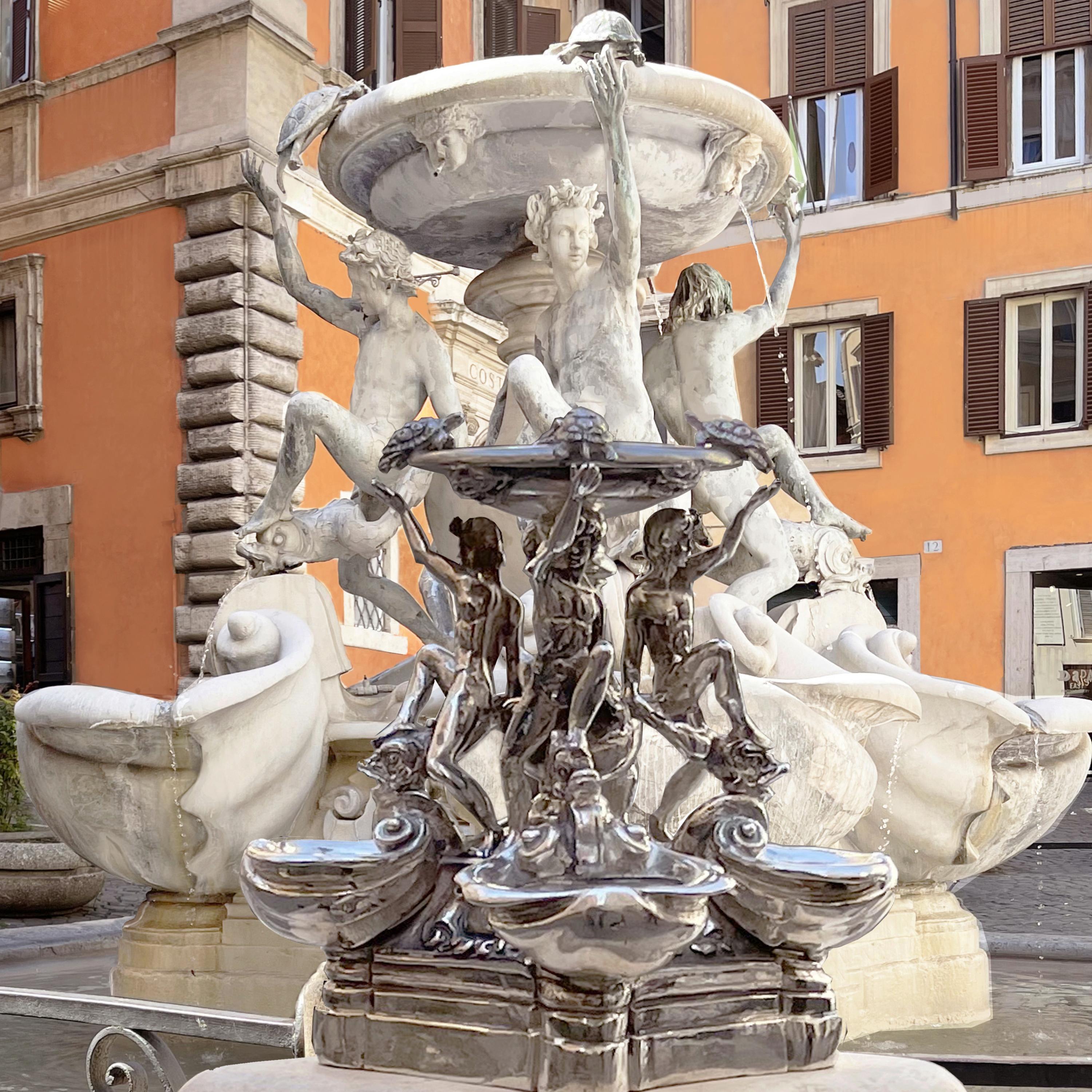 Brunnen der Schildkröten aus Sterlingsilber und Travertinsockel „Rom, 1581“ (Klassisch-römisch) im Angebot