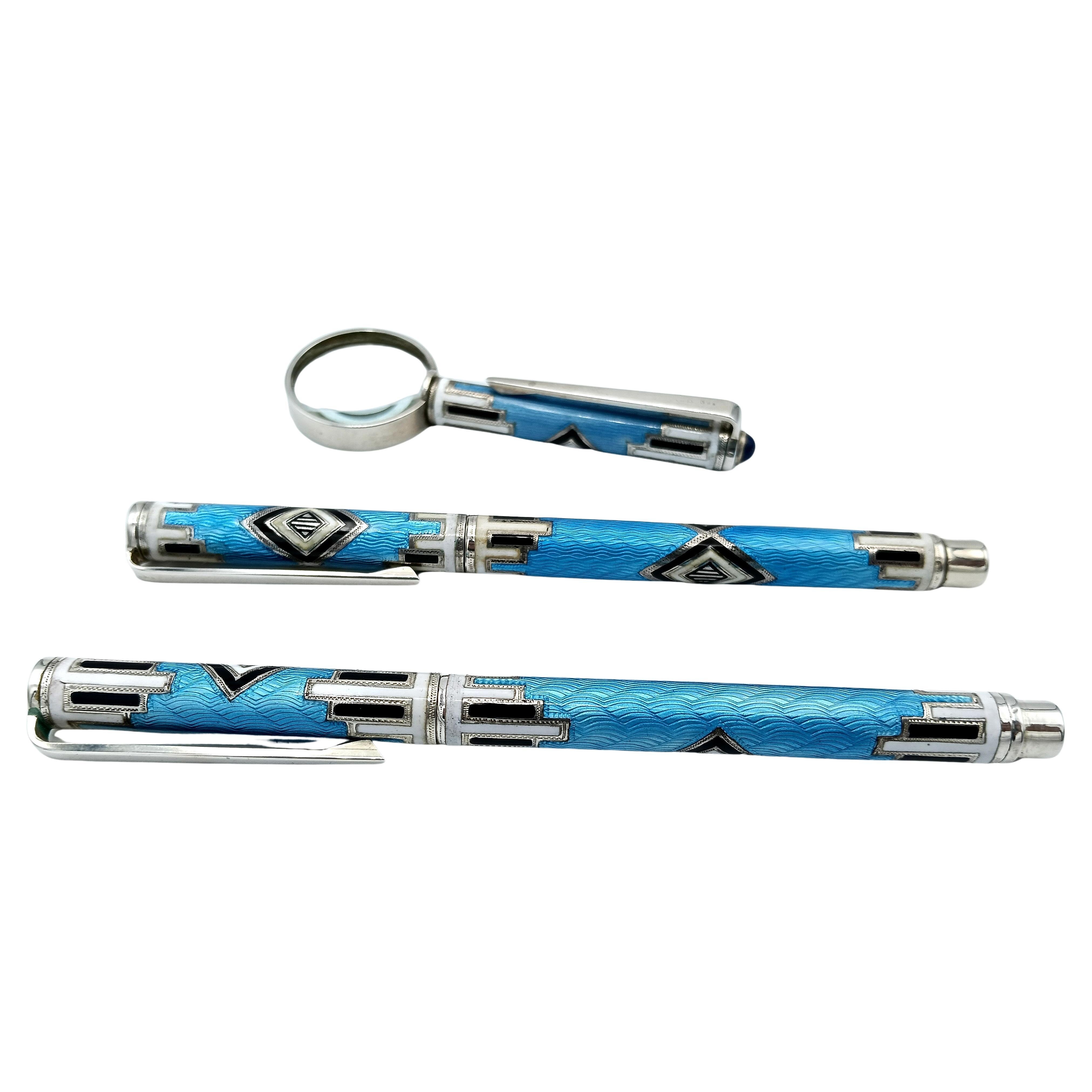 Fountain pen Ballpoint pen and pocket magnifying glass Set enamel Salimbeni