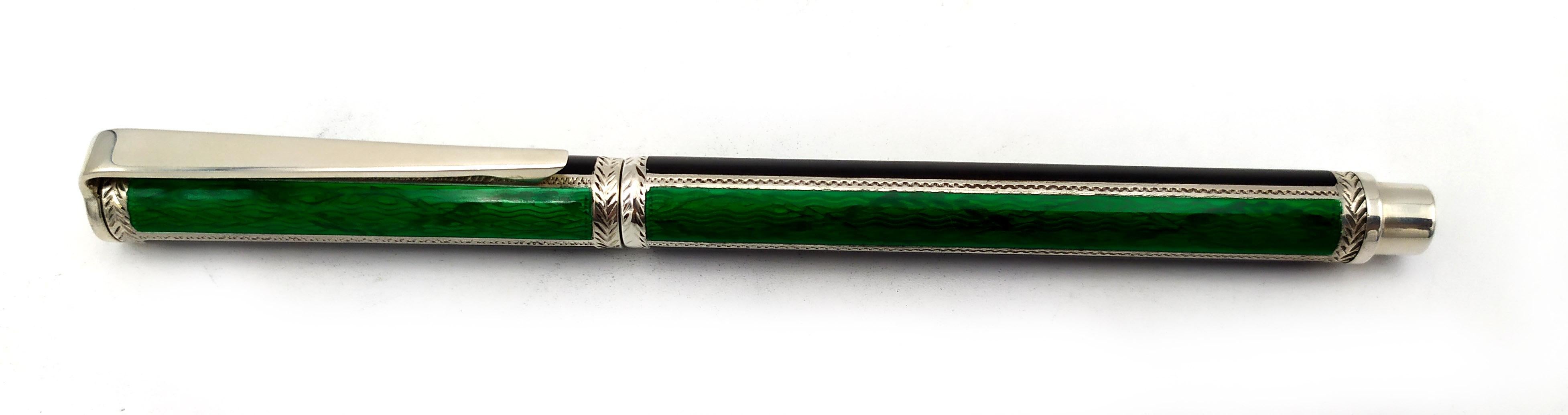 Fountain pen, Ballpoint pen and tray for a Desk Set green enamel Salimbeni  For Sale 2
