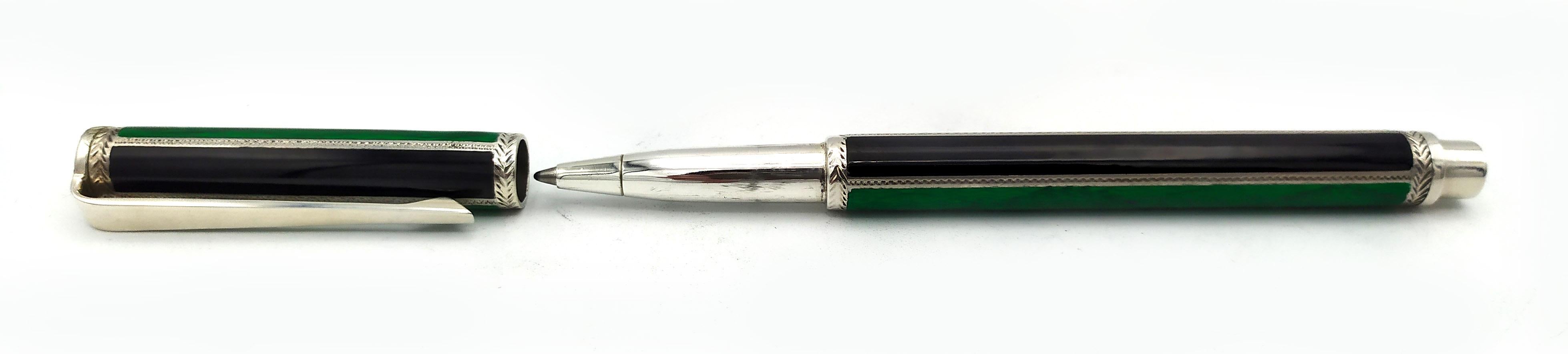 Fountain pen, Ballpoint pen and tray for a Desk Set green enamel Salimbeni  For Sale 6