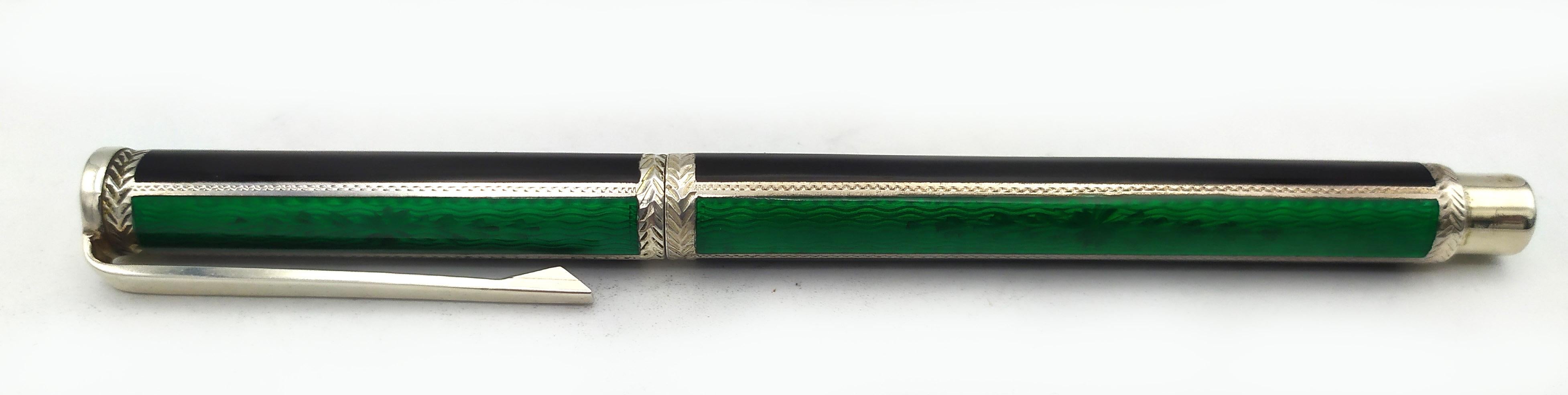 Fountain pen, Ballpoint pen and tray for a Desk Set green enamel Salimbeni  For Sale 8