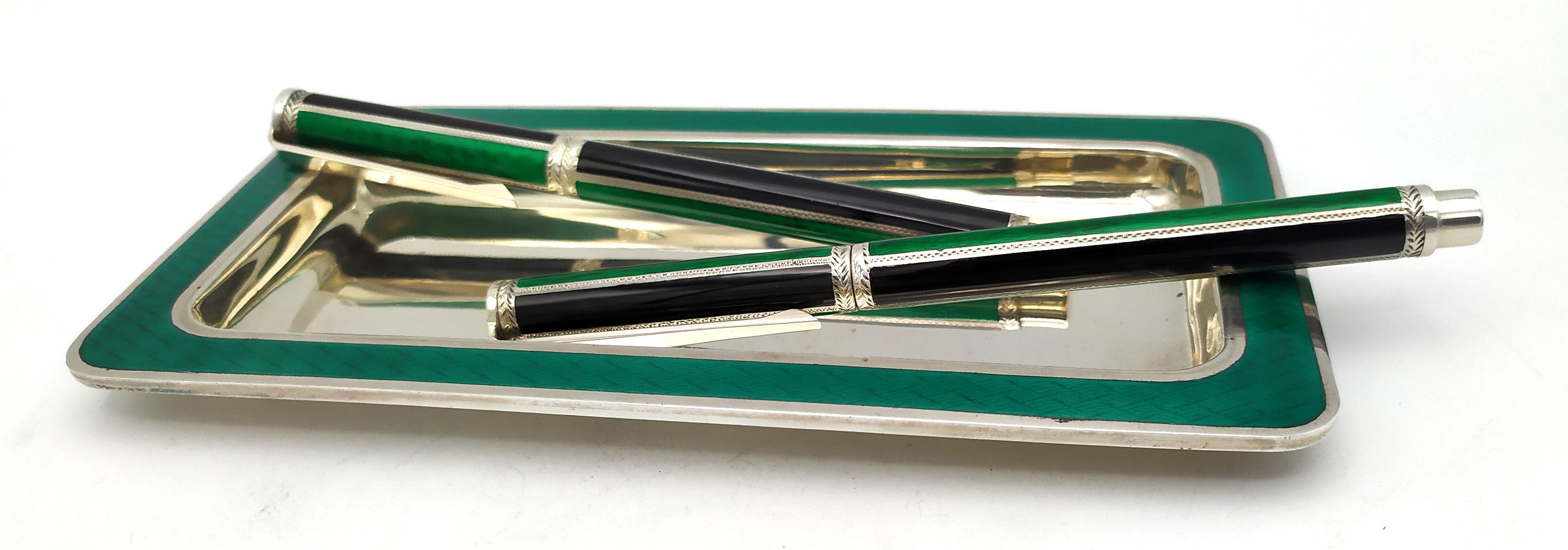 Modern Fountain pen, Ballpoint pen and tray for a Desk Set green enamel Salimbeni  For Sale