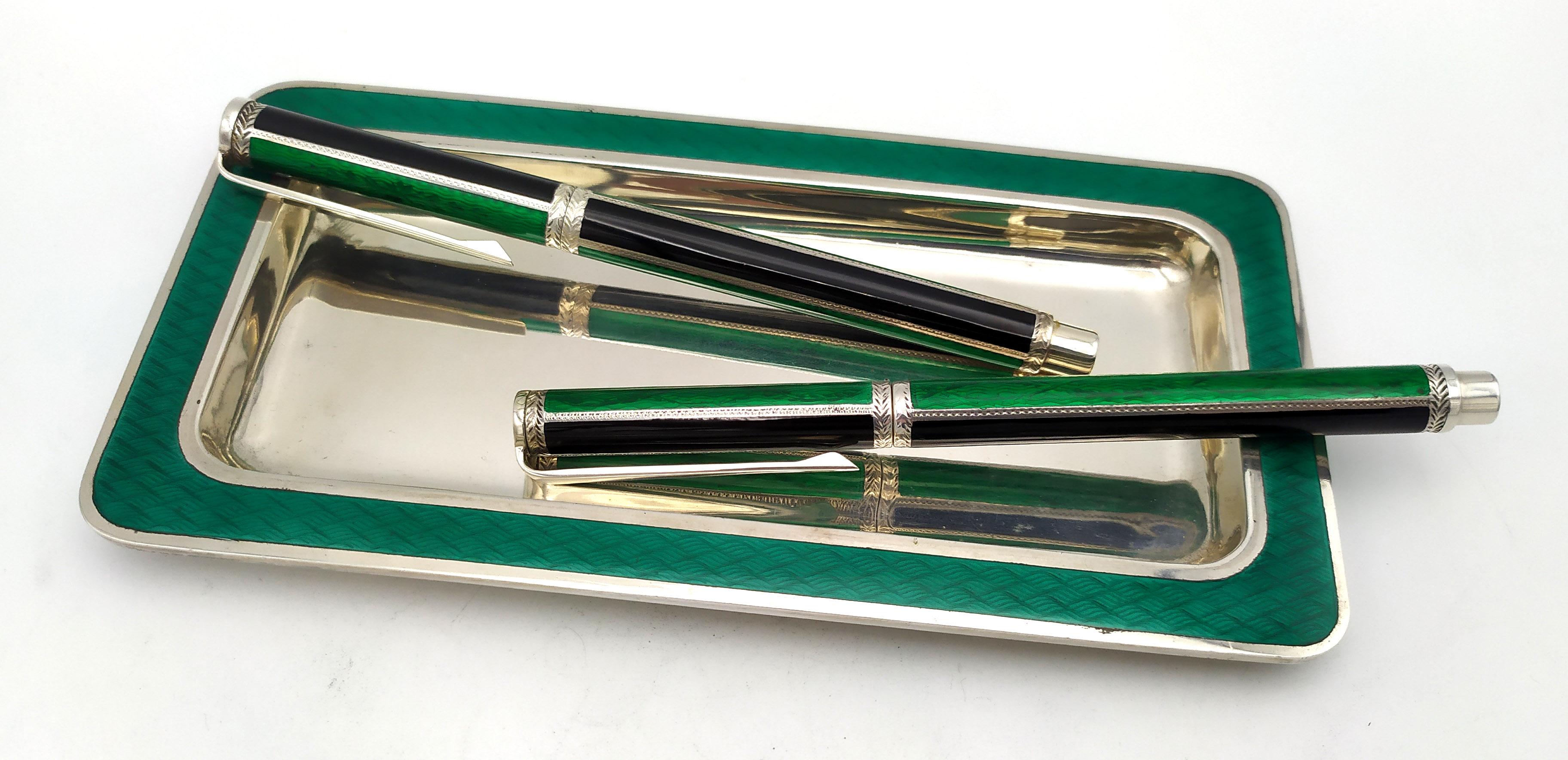 Italian Fountain pen, Ballpoint pen and tray for a Desk Set green enamel Salimbeni  For Sale