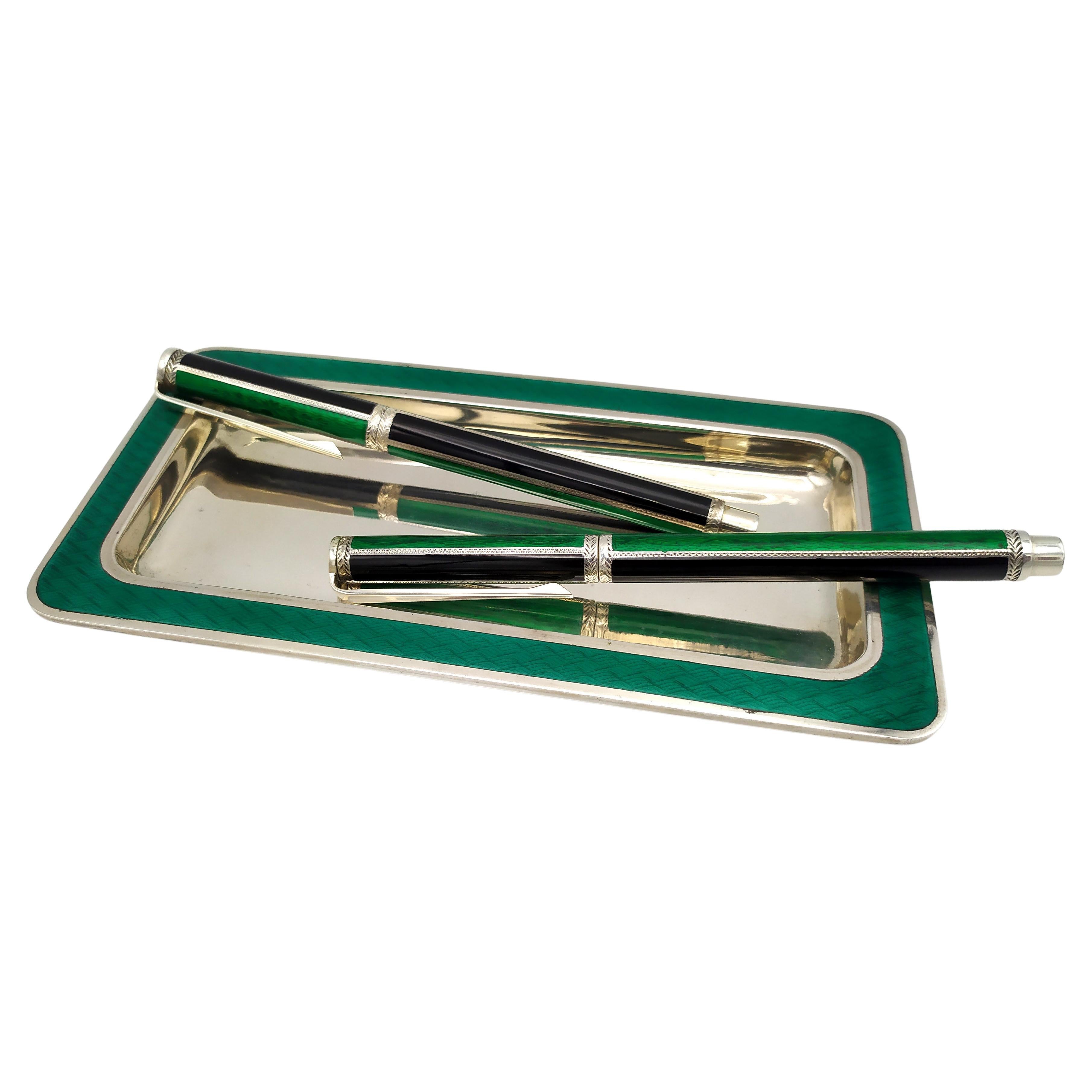 Fountain pen, Ballpoint pen and tray for a Desk Set green enamel Salimbeni 