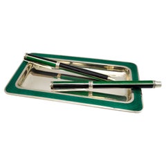 Vintage Fountain pen, Ballpoint pen and tray for a Desk Set green enamel Salimbeni 
