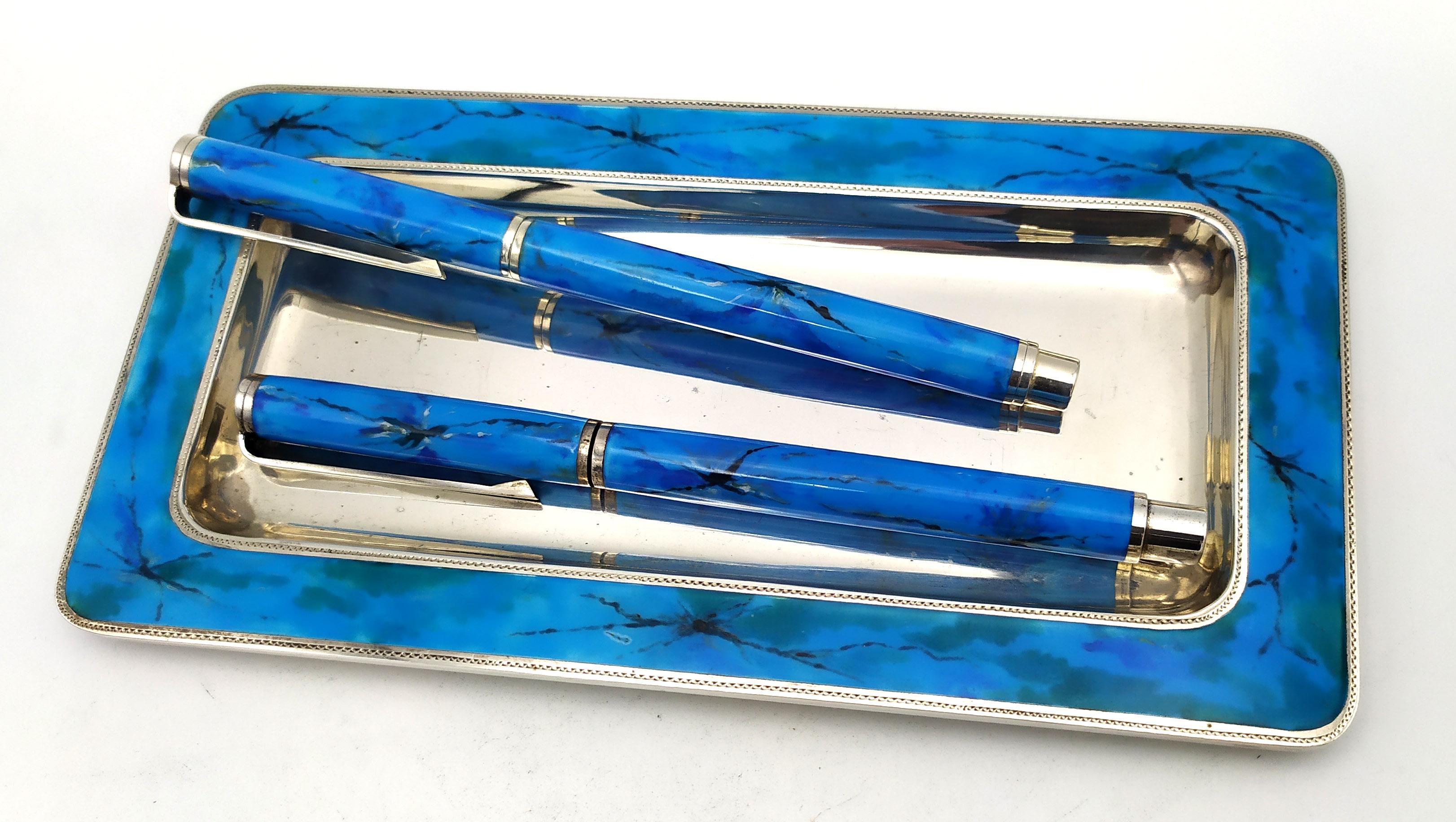 Fountain pen, Ballpoint pen & Tray for Desk Set enamel Sterling Silver Salimbeni For Sale 2