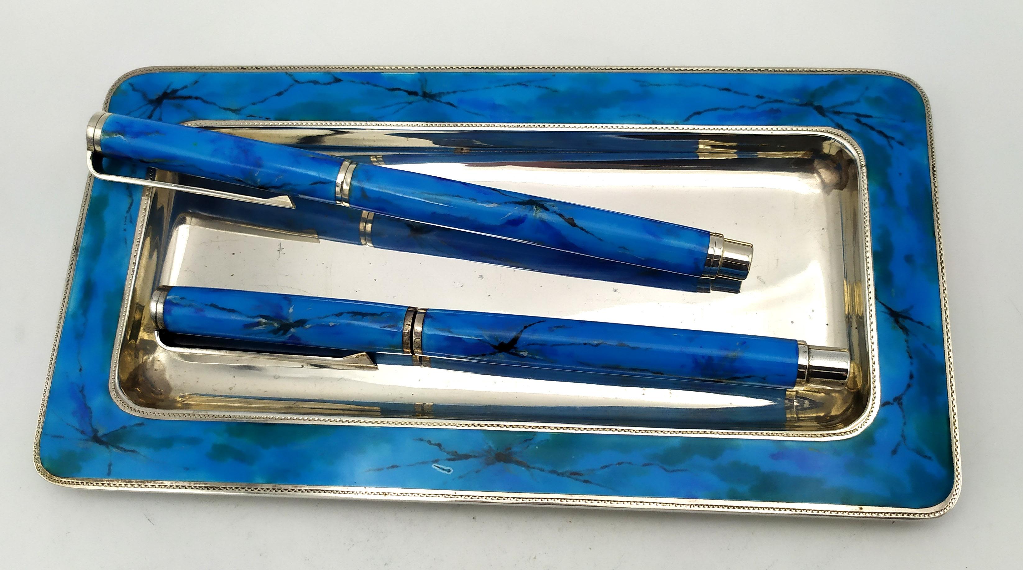 Fountain pen, Ballpoint pen & Tray for Desk Set enamel Sterling Silver Salimbeni For Sale 3
