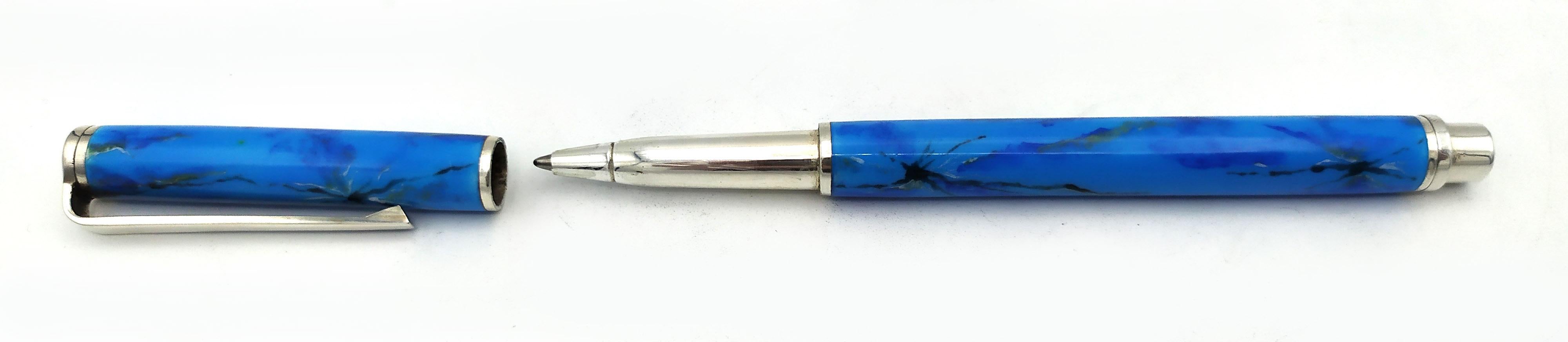 Late 20th Century Fountain pen, Ballpoint pen & Tray for Desk Set enamel Sterling Silver Salimbeni For Sale