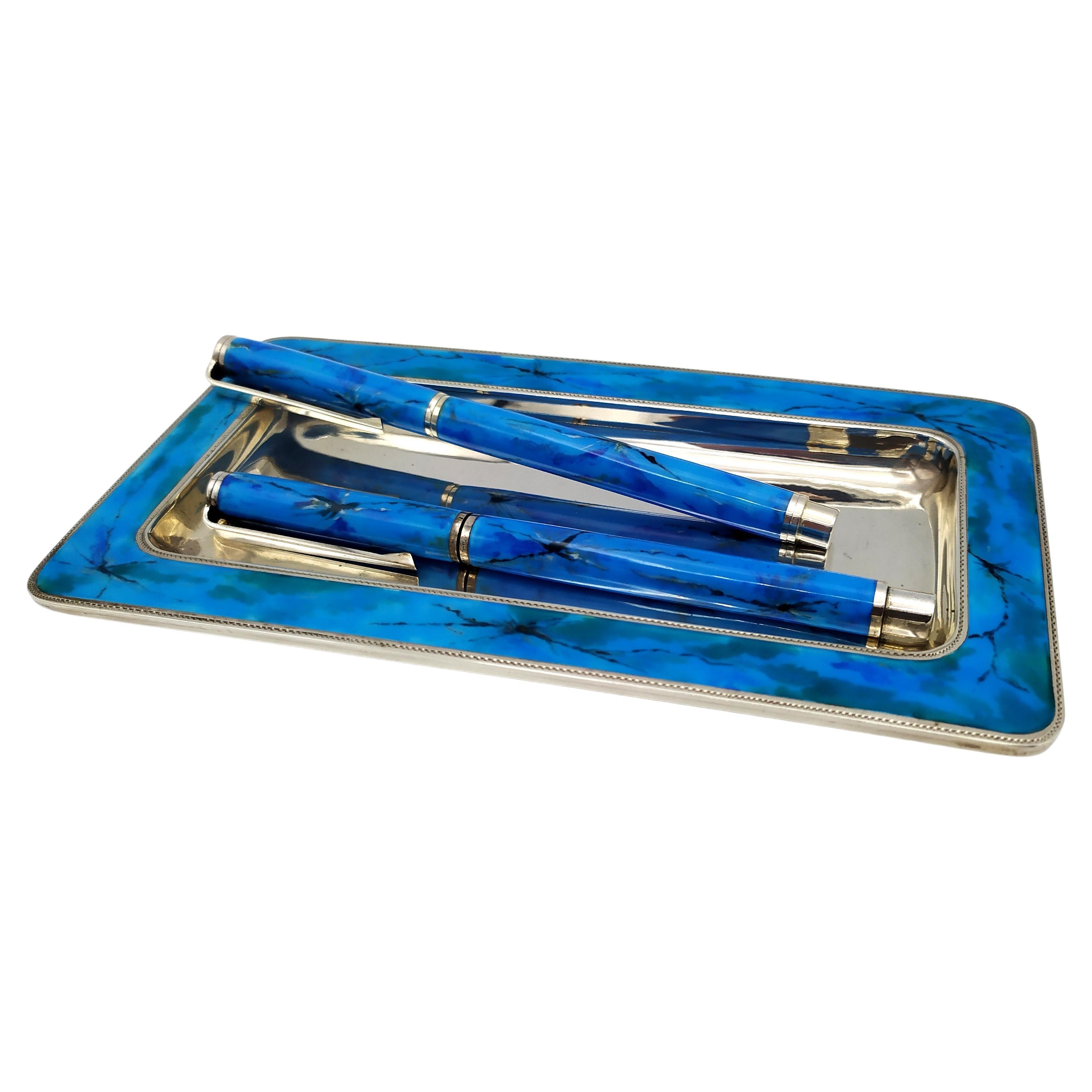 Füllfederhalter, Kugelschreiber & Tablett für Schreibtisch Set Emaille Sterling Silber Salimbeni