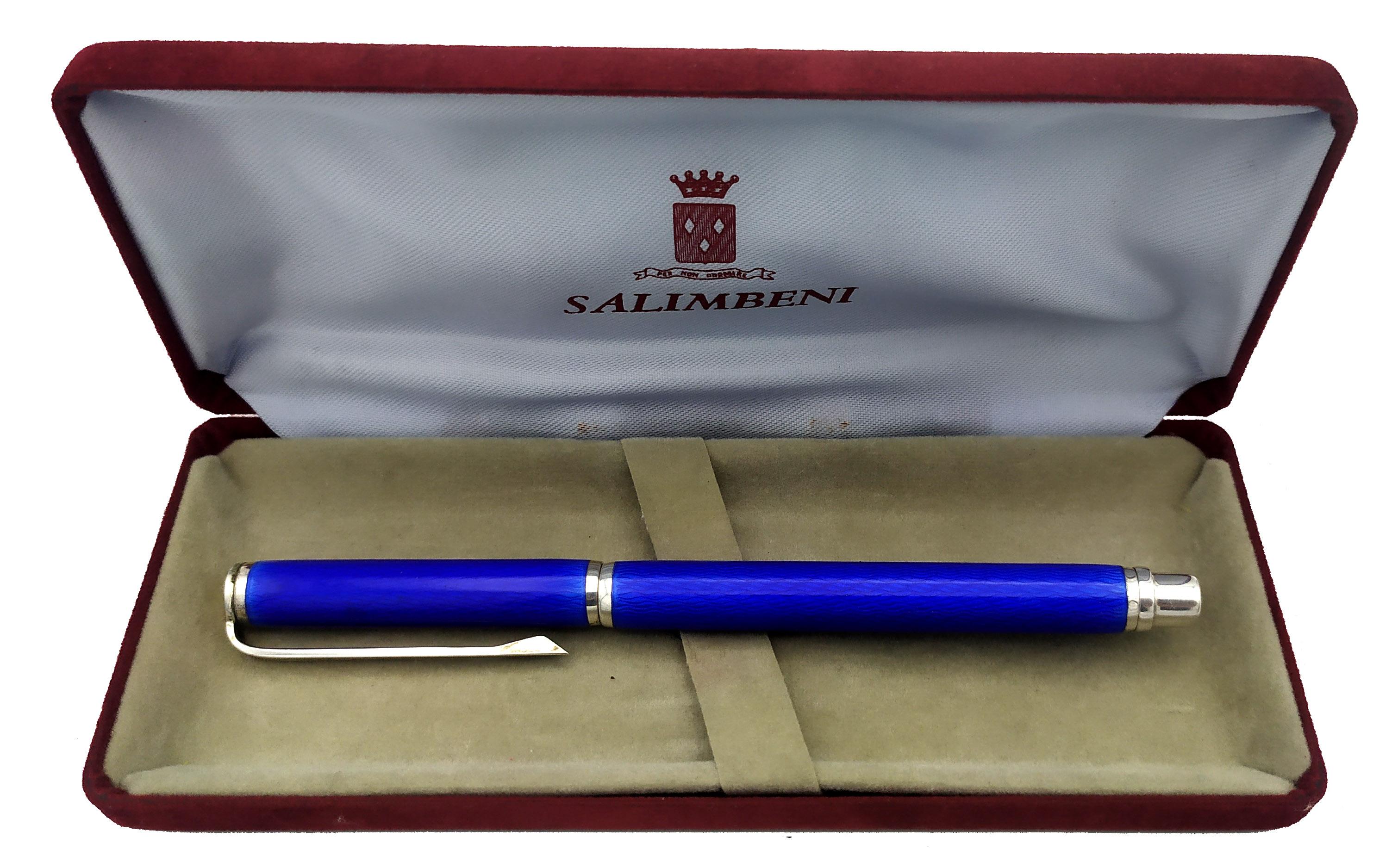 Fountain pen in 925/1000 sterling silver with translucent fired enamel on guilloche. With 14 carats gold nib and ink cartridge. Diameter mm. 10.5 Total length cm. 14. Weight gr. 45. Designed by Giorgio Salimbeni in 1974 and produced in numerous