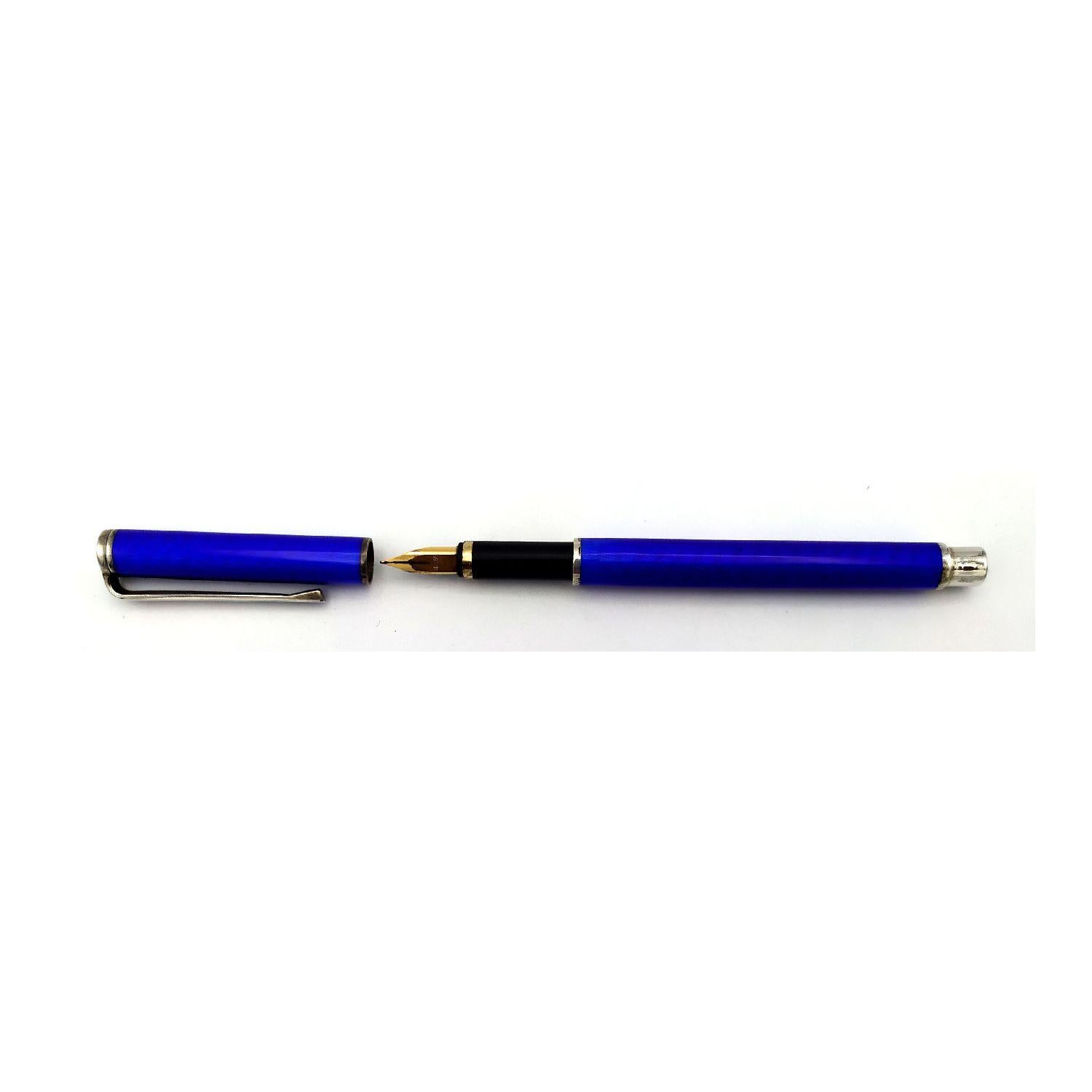 Hand-Carved Fountain Pen in Sterling Silver fired Enamel Guilloche Salimbeni