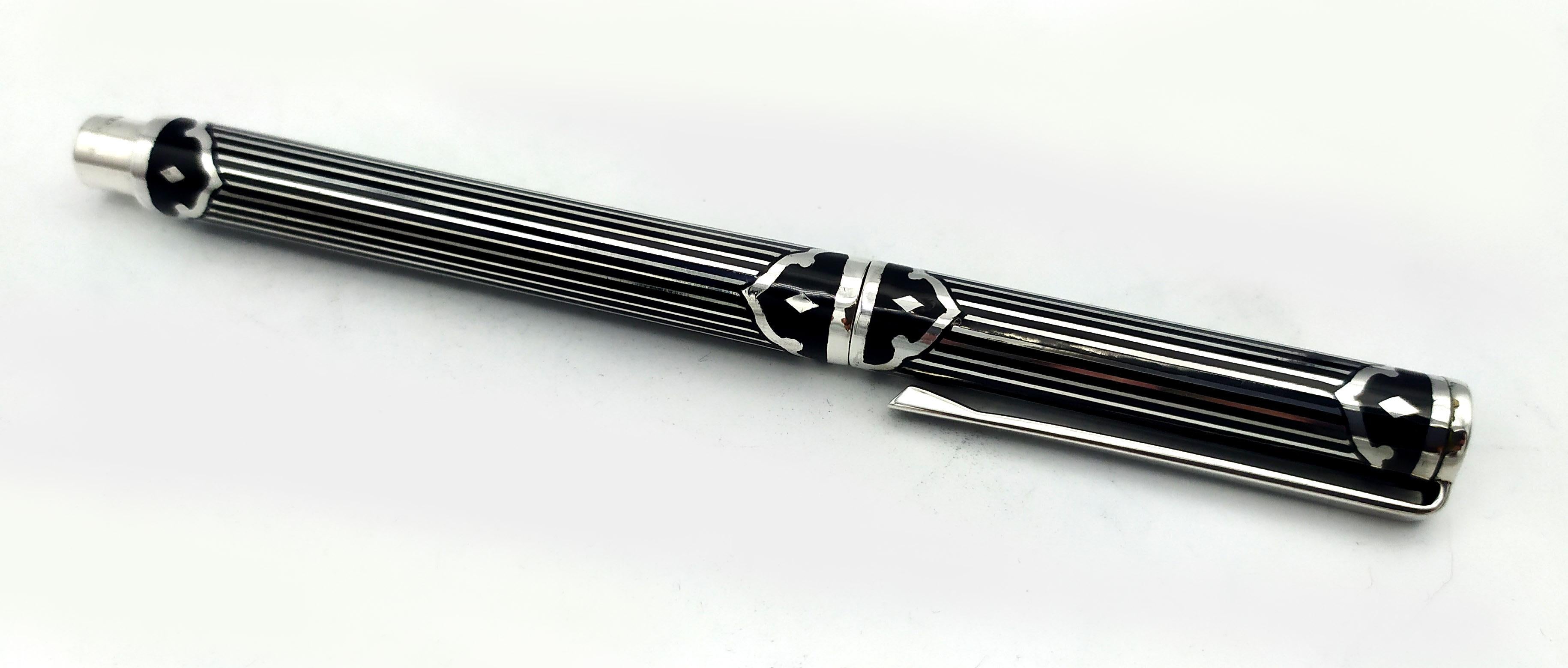 Italian Fountain Pen Sterling Silver and 14kt Gold Nib Fire-Enamel Art Deco Salimbeni For Sale