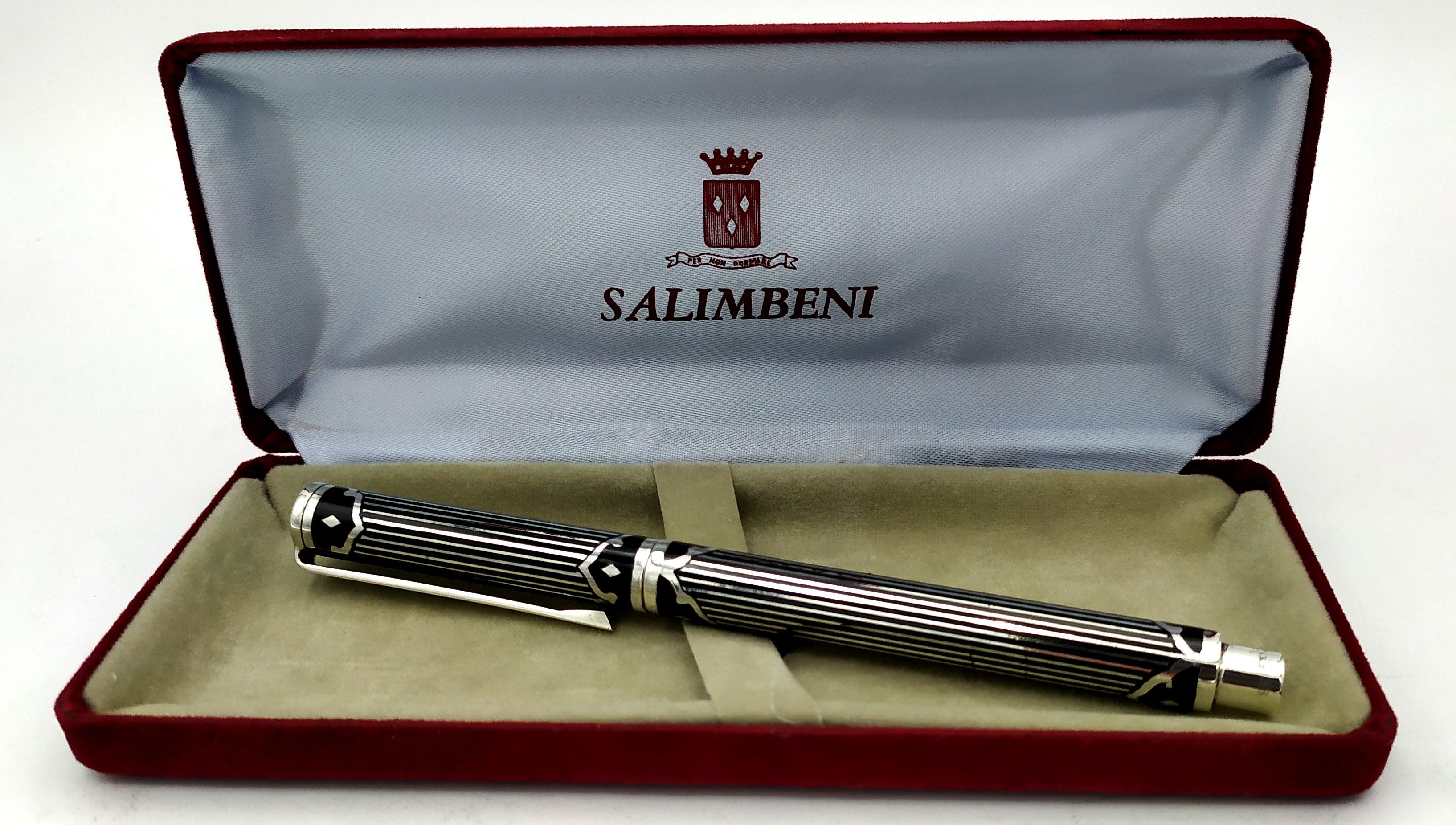 Hand-Carved Fountain Pen Sterling Silver and 14kt Gold Nib Fire-Enamel Art Deco Salimbeni For Sale