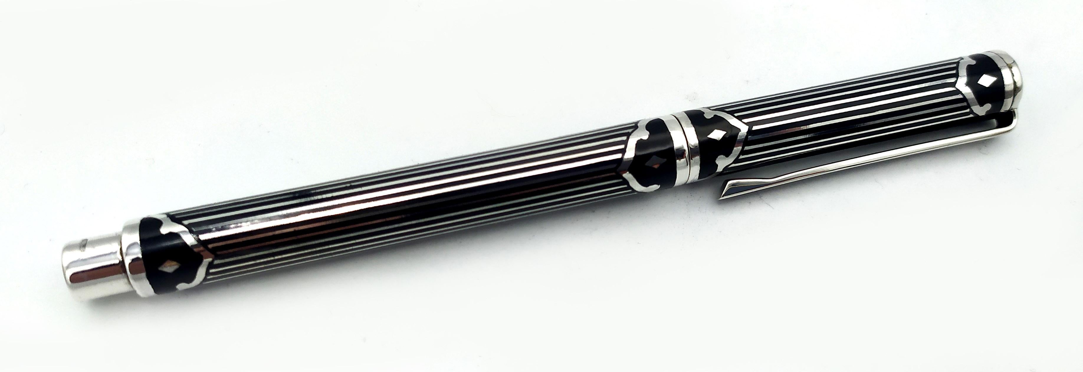 Fountain Pen Sterling Silver and 14kt Gold Nib Fire-Enamel Art Deco Salimbeni In Excellent Condition For Sale In Firenze, FI