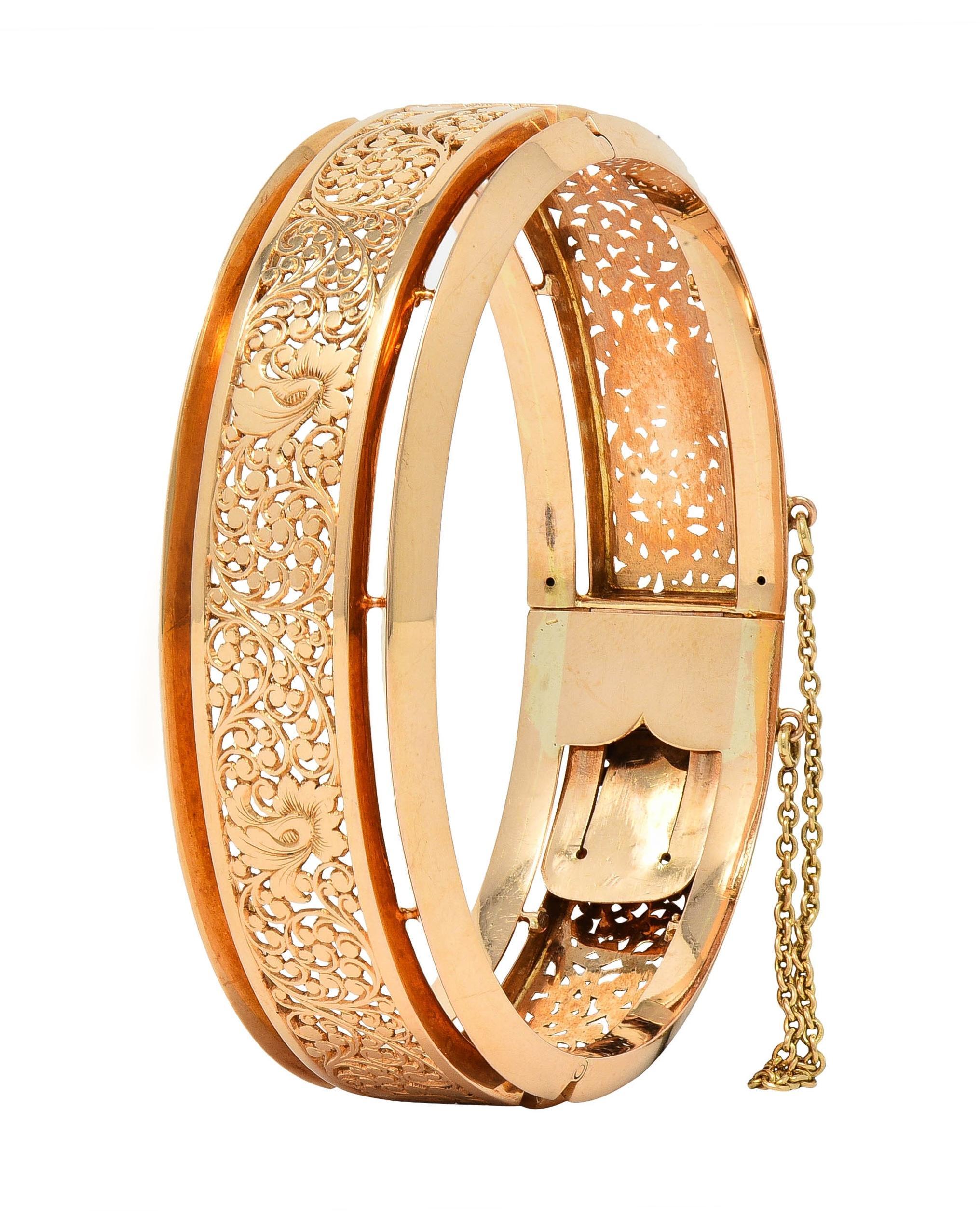 Fouquet-Gueudet French Art Nouveau 18 Karat Gold Antique Floral Bangle Bracelet 1