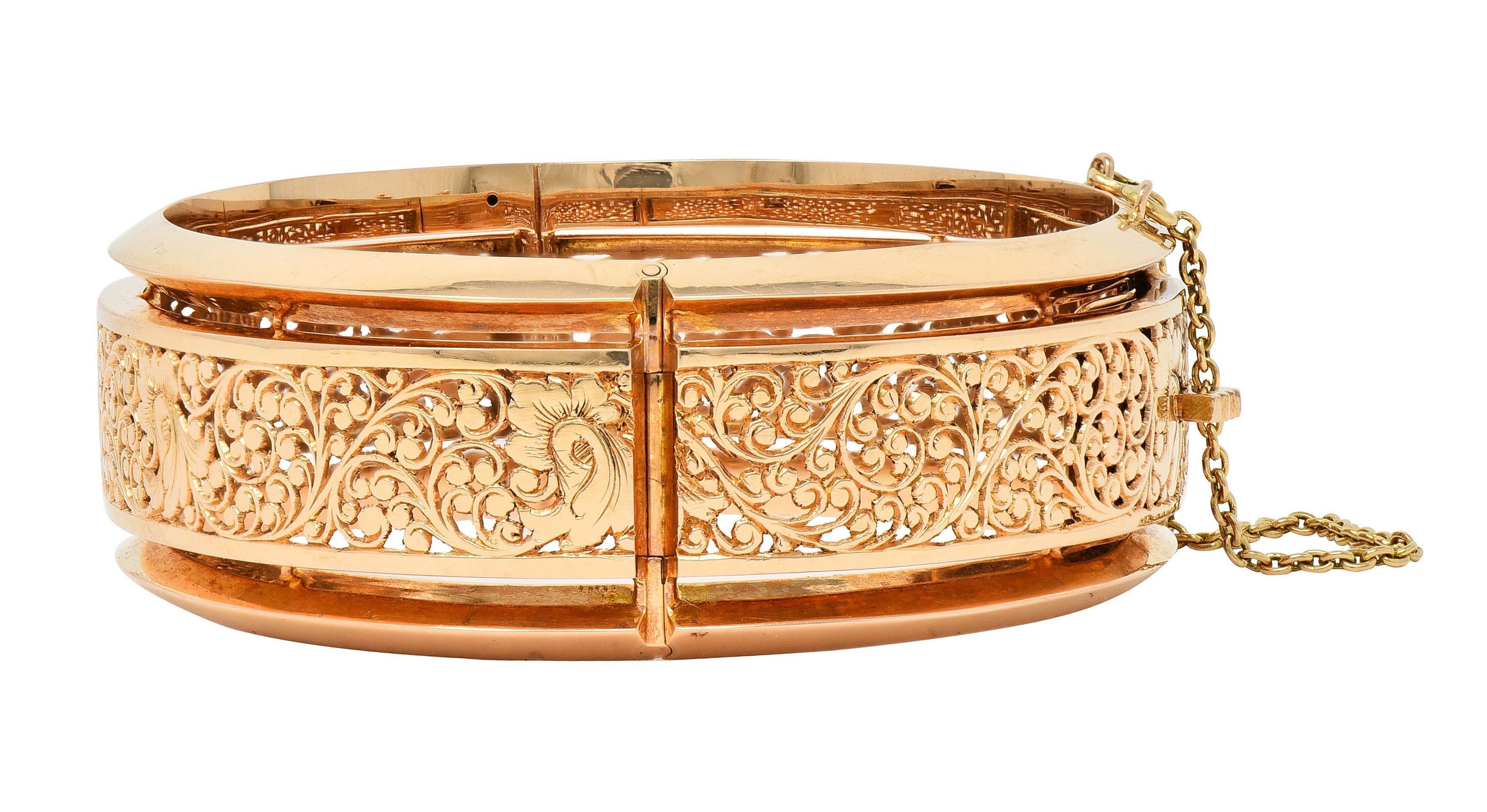Fouquet-Gueudet French Art Nouveau 18 Karat Gold Antique Floral Bangle Bracelet 2