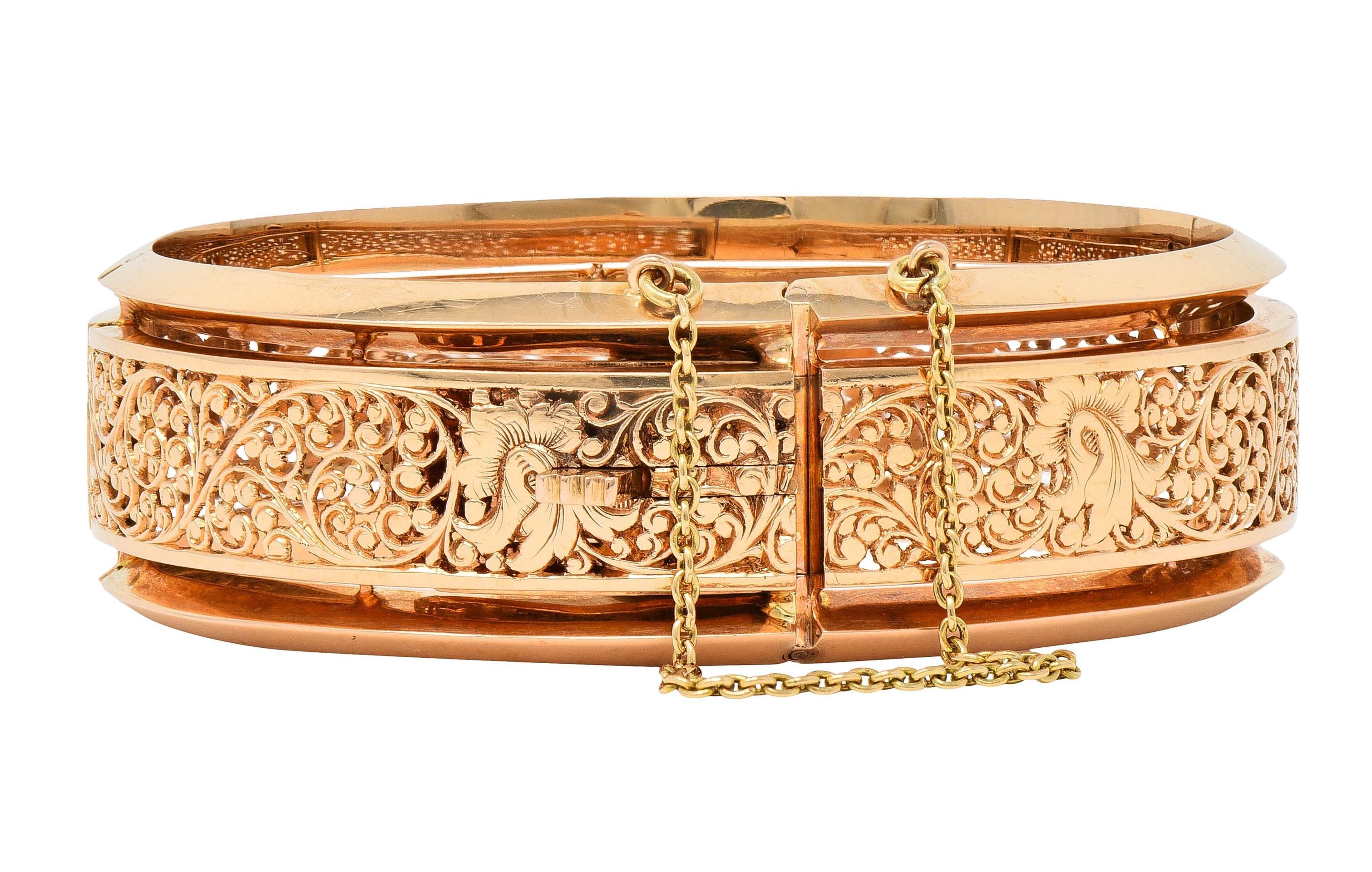 Fouquet-Gueudet French Art Nouveau 18 Karat Gold Antique Floral Bangle Bracelet 3