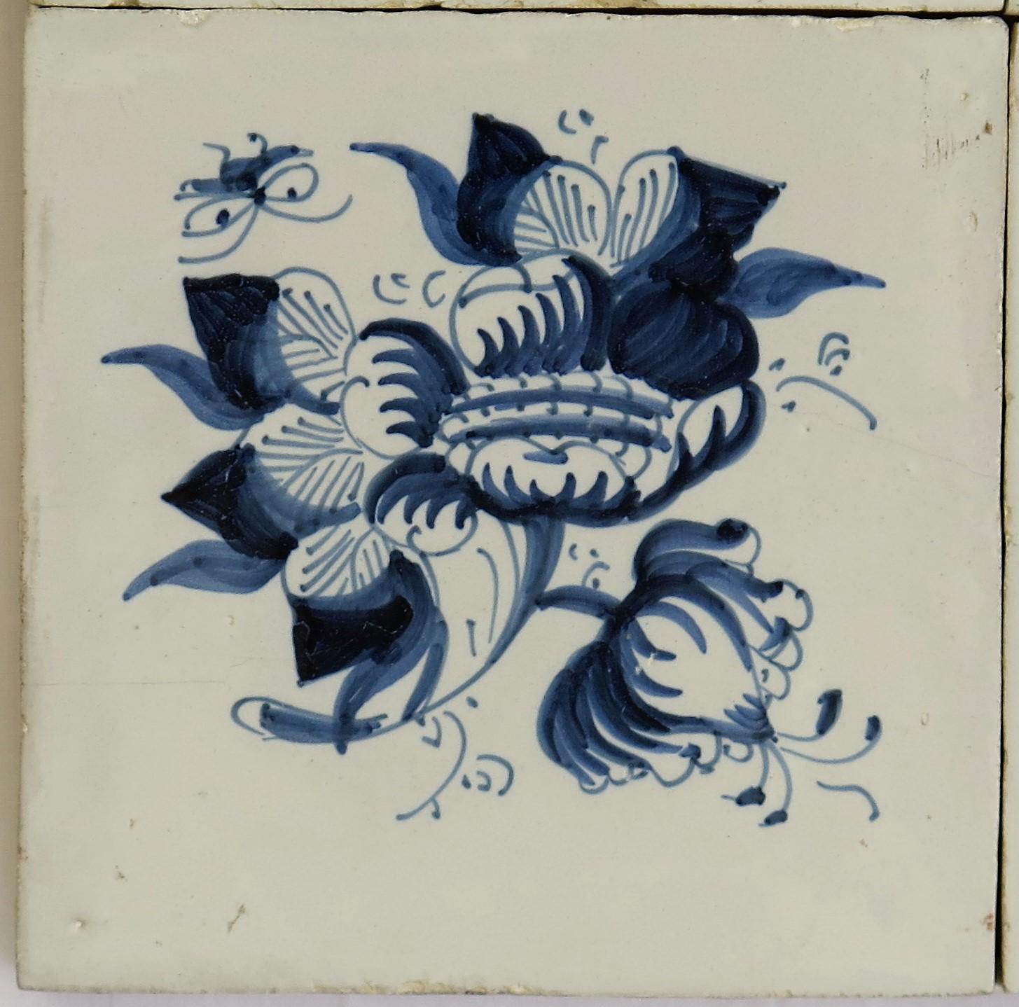 Wood Four 17th Century Delft Blue and White Wall Tiles on Frame Set 1, Netherlands For Sale