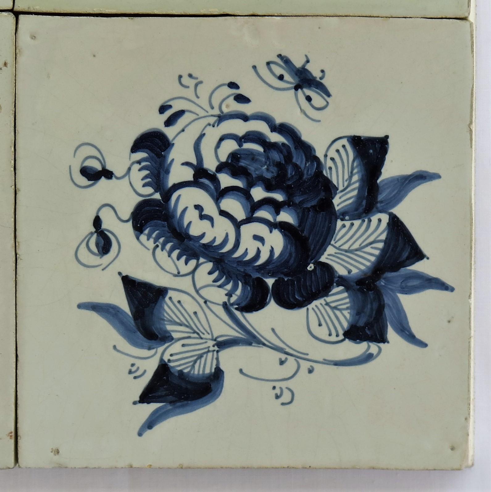 Four 17th Century Delft Blue and White Wall Tiles on Frame Set 1, Netherlands For Sale 1