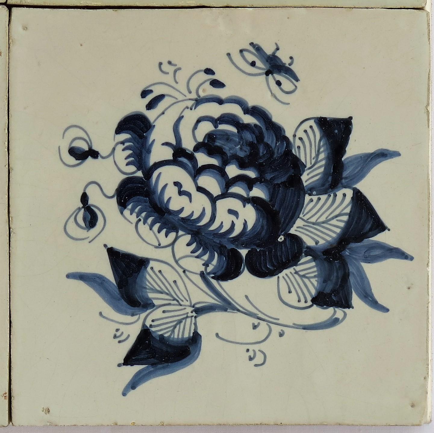 Four 17th Century Delft Blue and White Wall Tiles on Frame Set 1, Netherlands For Sale 2