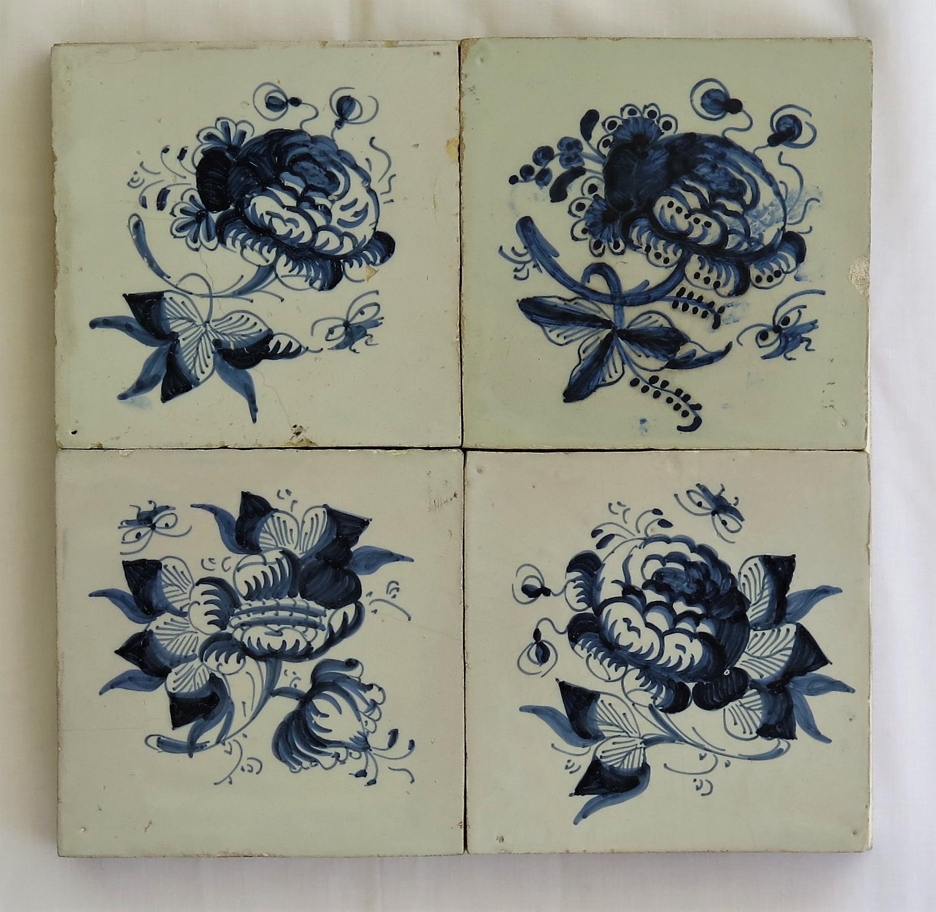 Four 17th Century Delft Blue and White Wall Tiles on Frame Set 1, Netherlands For Sale 3