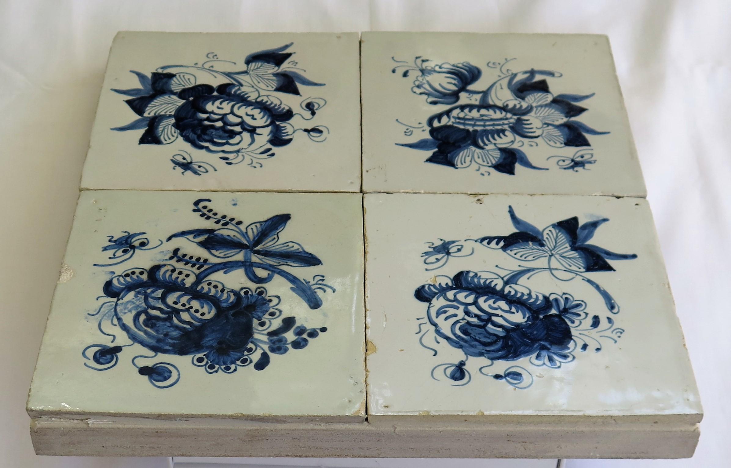 Four 17th Century Delft Blue and White Wall Tiles on Frame Set 1, Netherlands For Sale 4