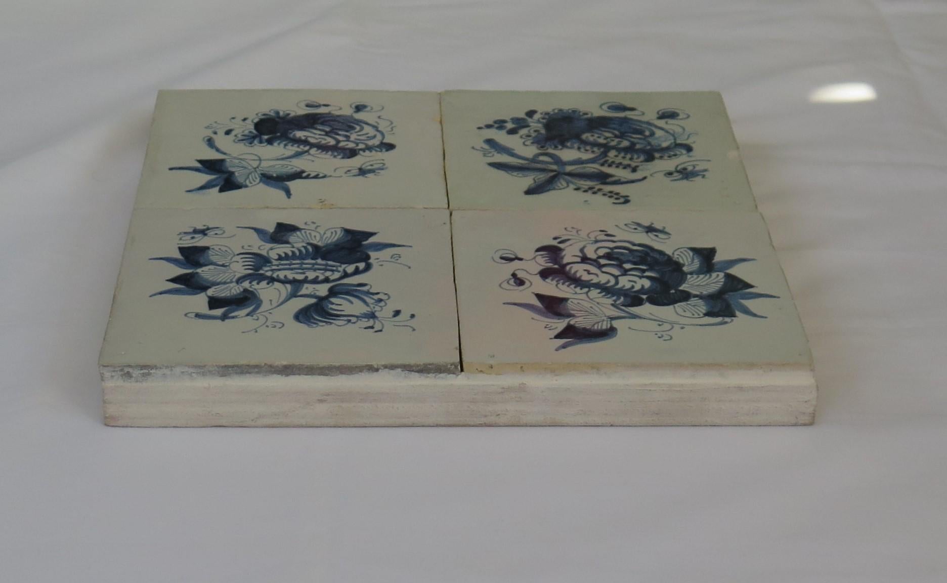 Four 17th Century Delft Blue and White Wall Tiles on Frame Set 1, Netherlands For Sale 5