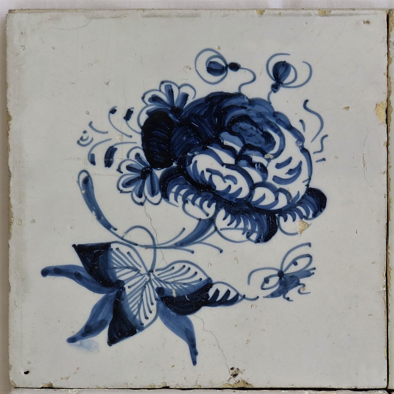 Dutch Colonial Four 17th Century Delft Blue and White Wall Tiles on Frame Set 1, Netherlands For Sale