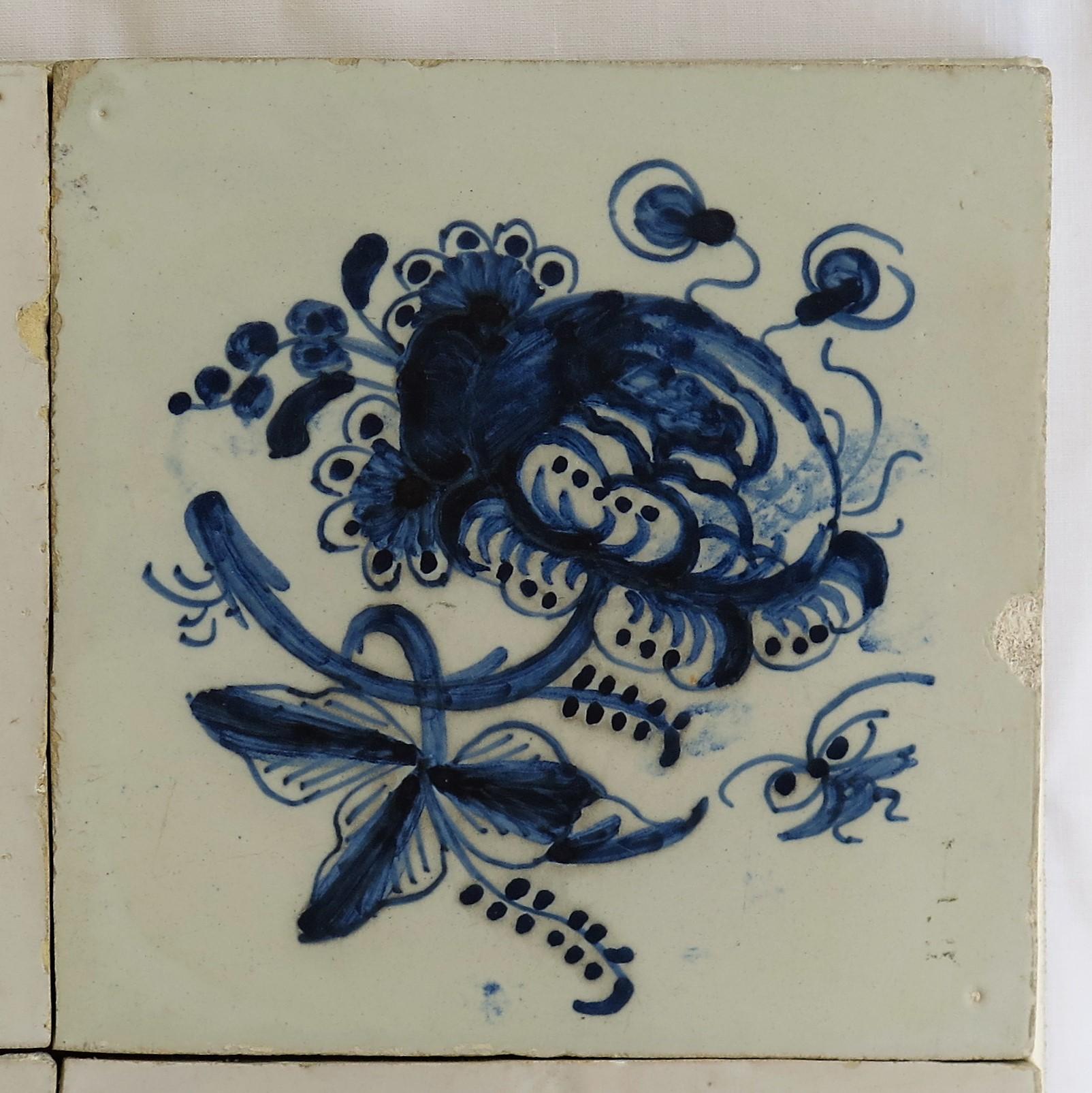 Dutch Four 17th Century Delft Blue and White Wall Tiles on Frame Set 1, Netherlands For Sale